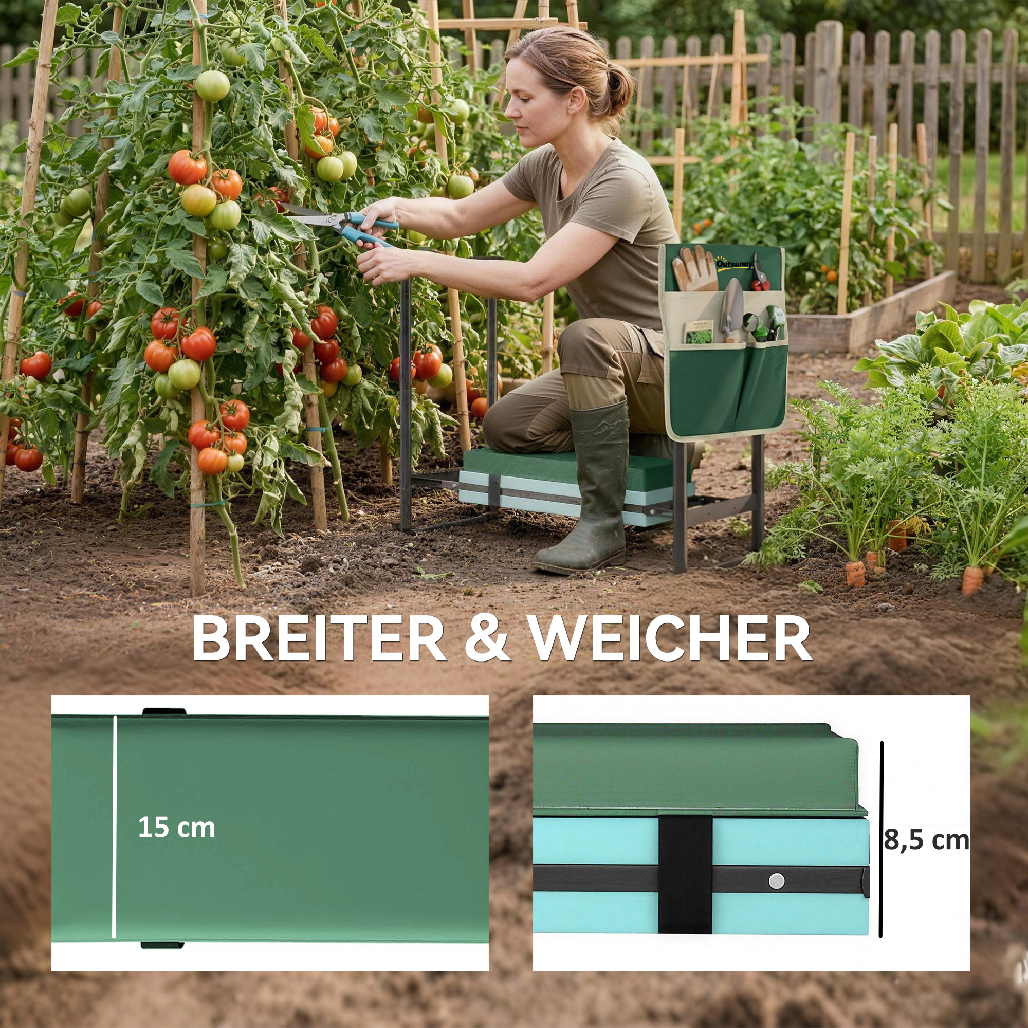 Gartenkniepolster und Sitz, 150 kg Tragkraft, Gartenhocker mit dick gepolstertem Kniebereich, ausziehbaren Stahlbeinen