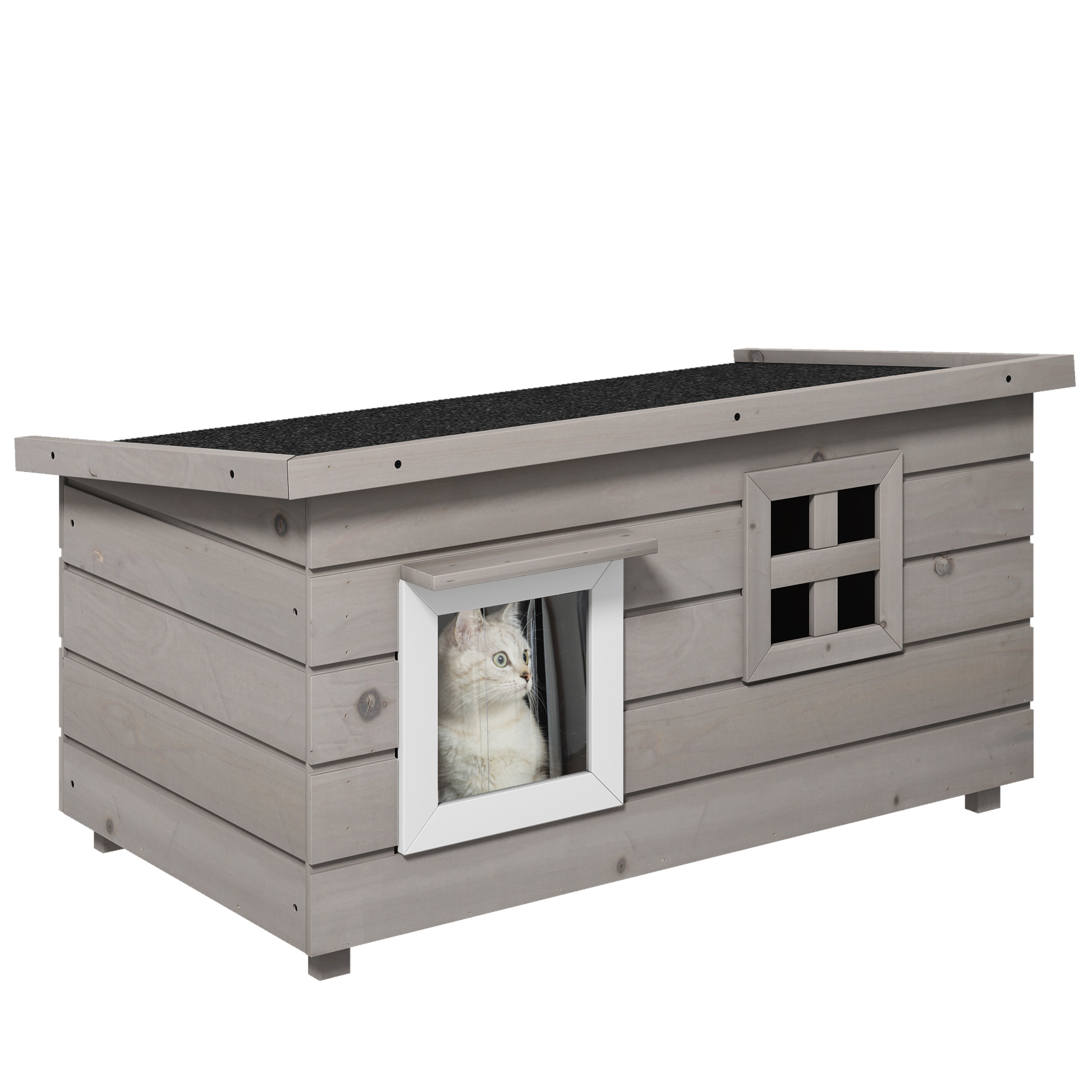 Katzenhaus aus Holz wasserdicht Katzenhütte mit Asphaltdach klappbarem Deckel Fenster Winterfest Schutzhütte Katzenhöhle Outdoor Katzenkiste für Garten Balkon Draußen 87 x 52 x 44 cm Grau