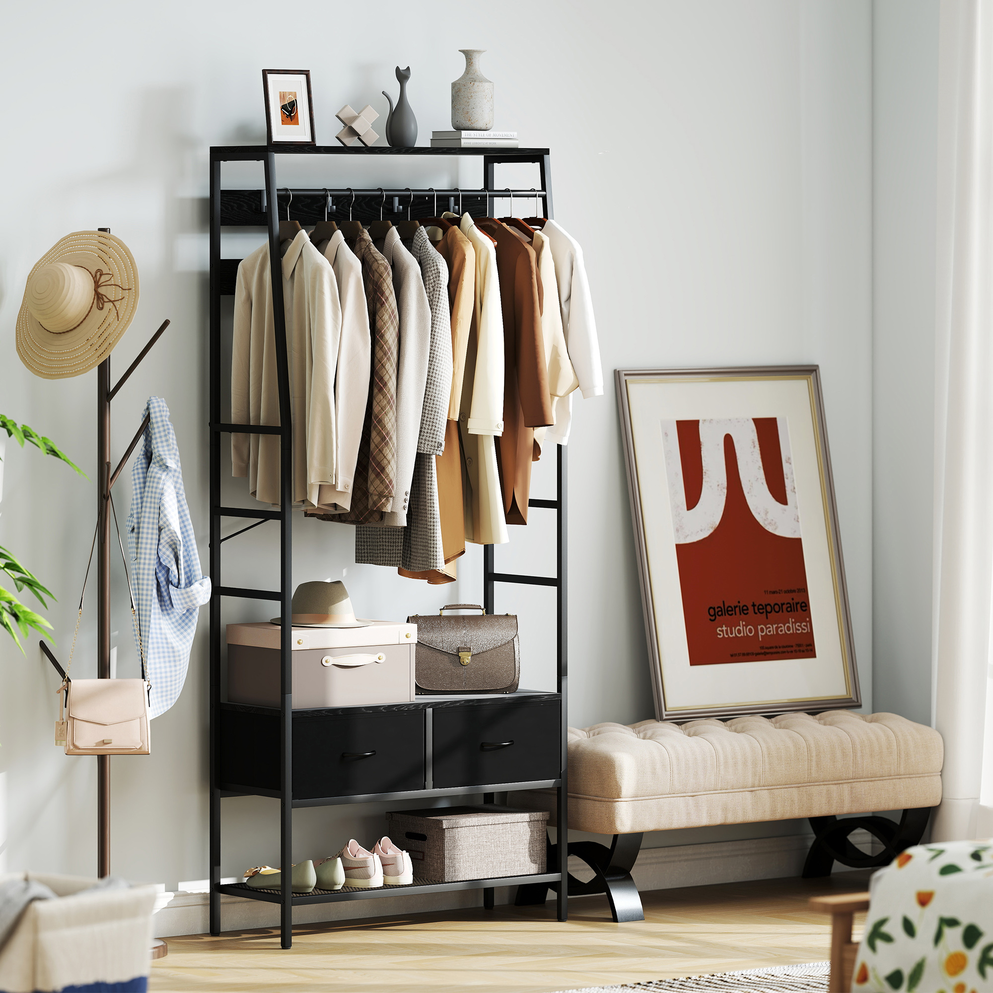 Garderobenständer mit Schuhregal, Kleiderständer im Industrie-Design, 2 Stoffschubladen, 8 Haken, Metallrahmen, Schwarz