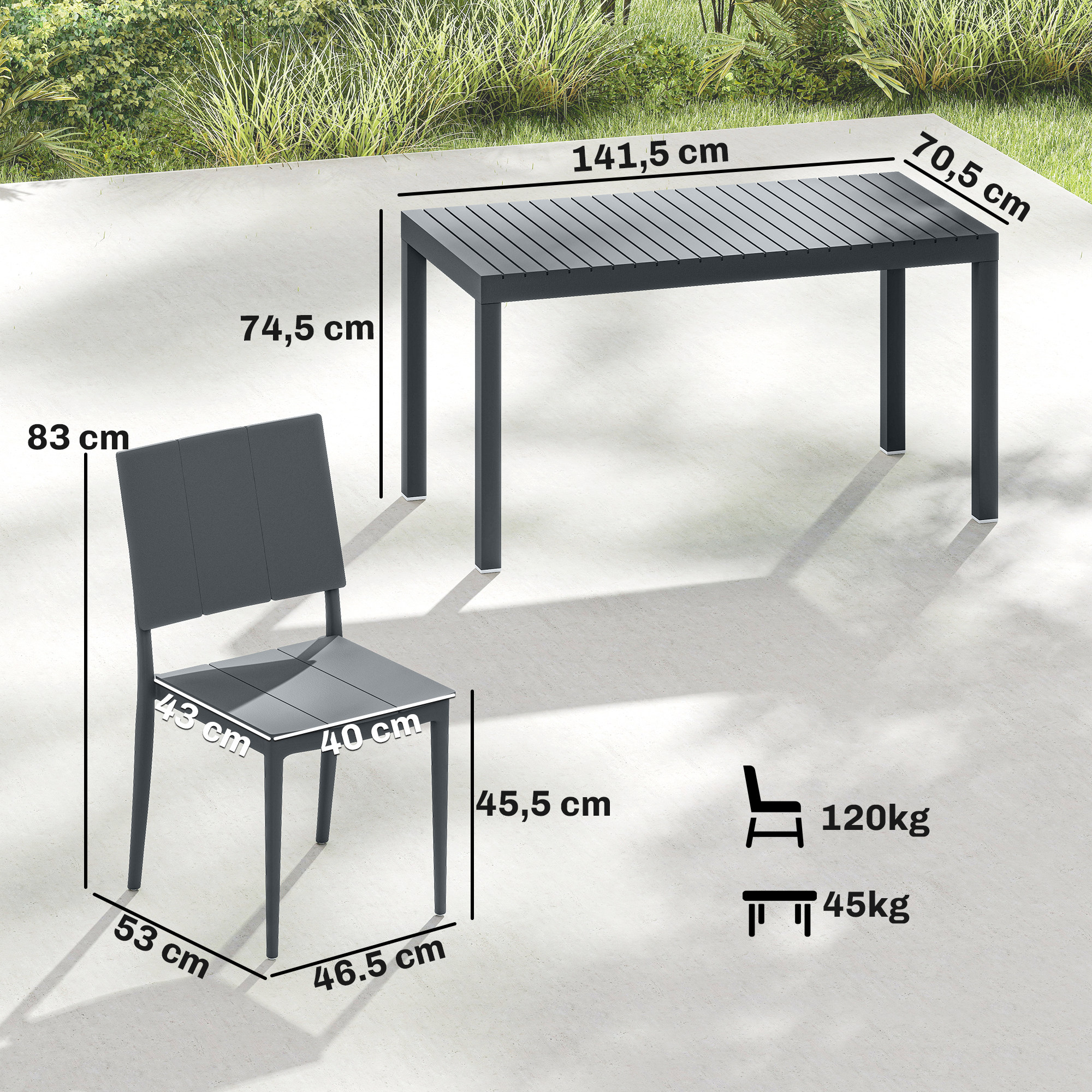 Gartenmöbel Set Sitzgruppe 5-teilig Breiter Tisch mit 4 Stapelstühlen Lamelldesign für 4 Personen Dunkelgrau