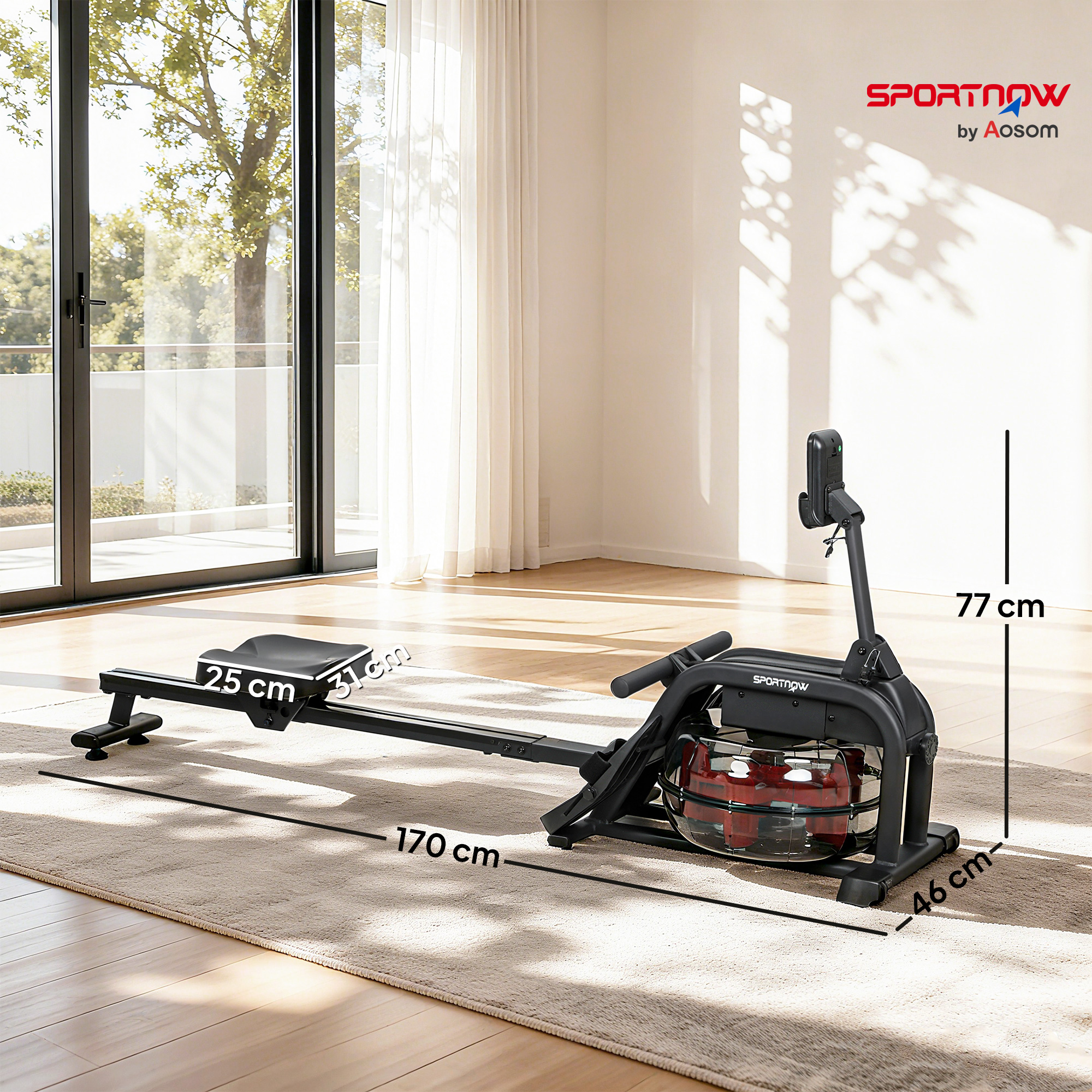 Rudergerät für Training, Rudermaschine mit 6-11 L Wassertank, LCD-Monitor, Handyhalter, 135 kg Tragfähigkeit, Stahl, Schwarz