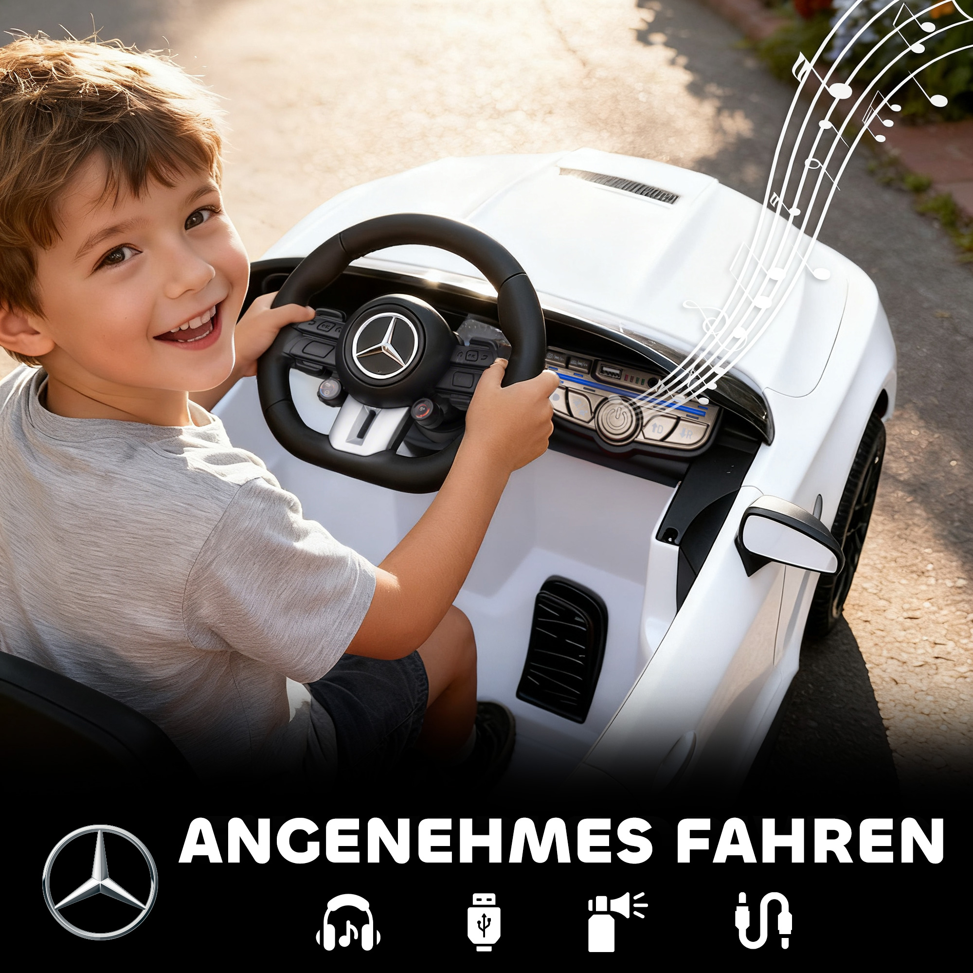 Kinder-Elektroauto, Mercedes-Design, 12V Motoren, Fernbedienung, LED-Lichter, Musik, für 3-6 Jahren Kinder, Weiß