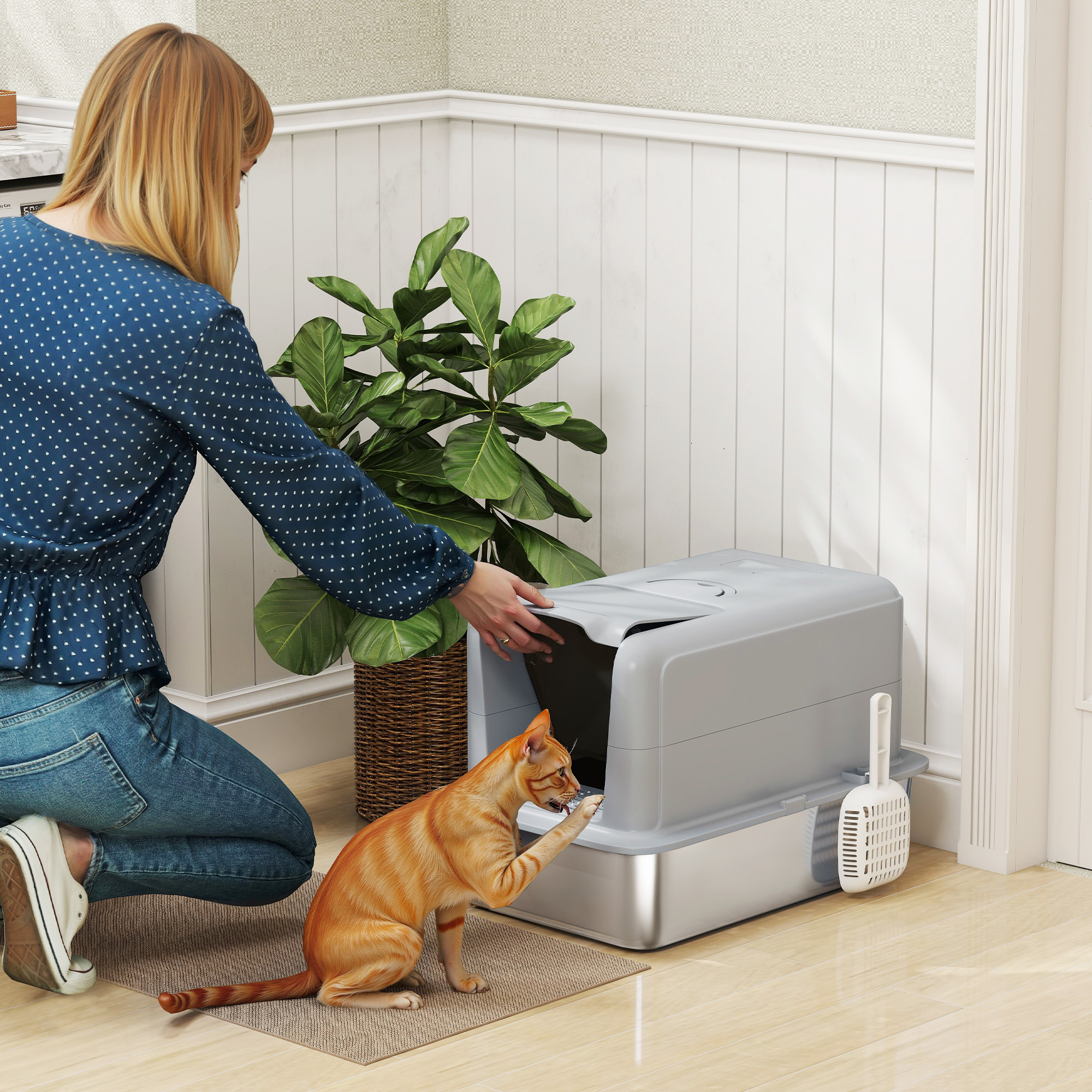 Katzentoilette, Wanne aus Edelstahl, Filter, Schaufel, für Katzen bis 6 kg, 40,5 x 60,5 x 41,5 cm, Grau/Silber