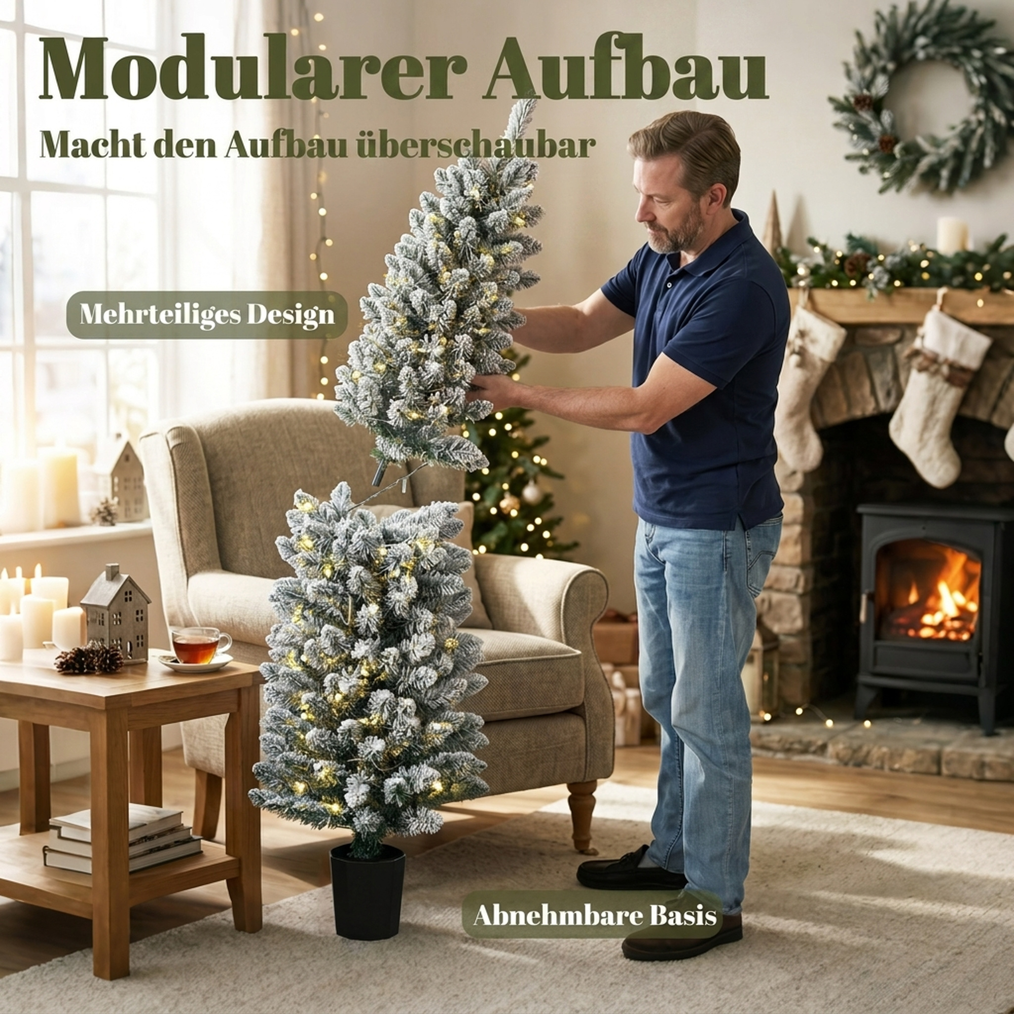 3er-Set schneebeflockte LED-Weihnachtsbäume, schmal, mit PVC-Zweigen, 90/120/150 cm