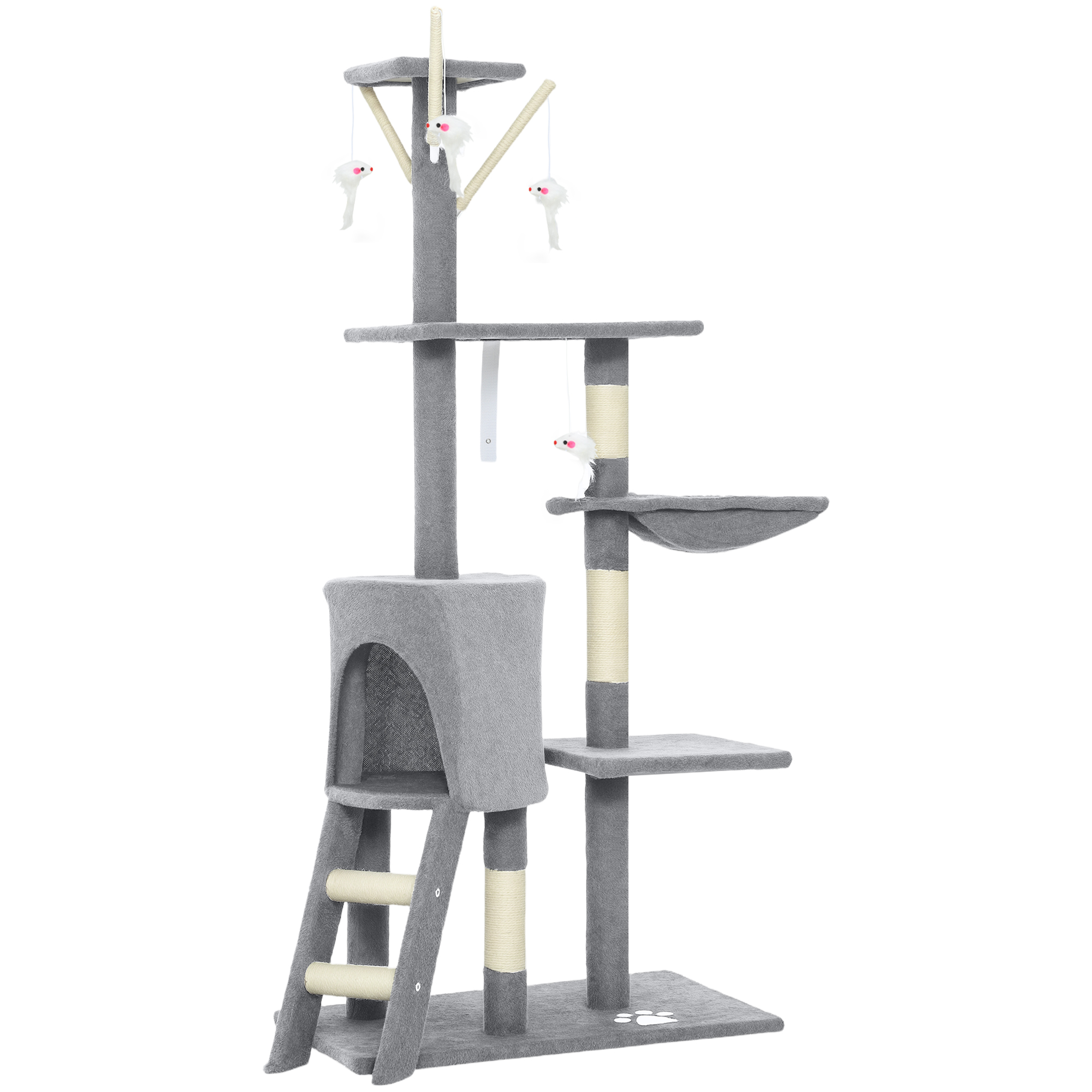 Kratzbaum Katzenbaum mit Höhle, 4 Spielzeuge, Sisalstämme, große Plattform, Treppe, für Katzen unter 5 kg, Grau