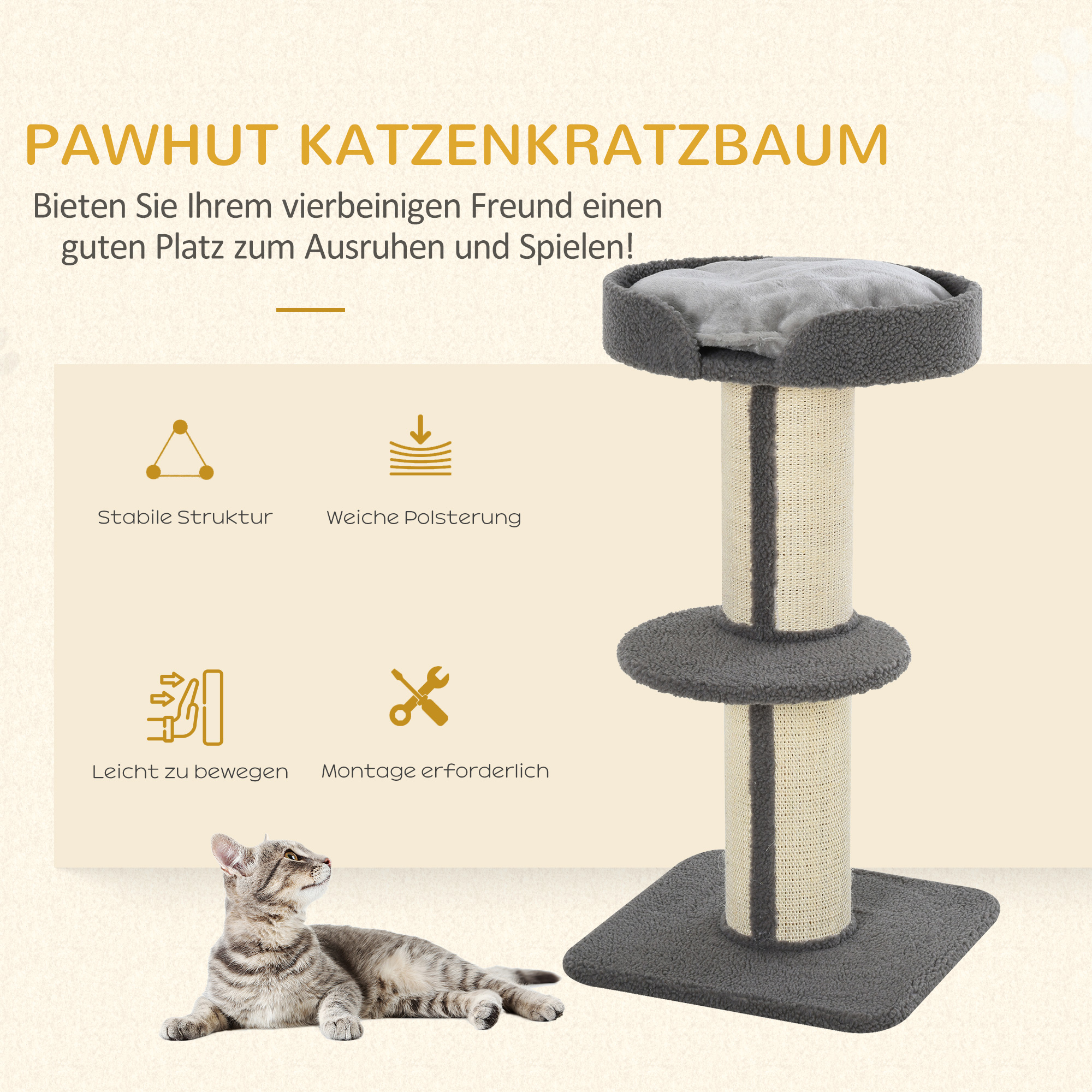 Kratzbaum Katzenturm 91 cm mit Sisalstämme, Plattform, Kissen mehrstöckiger Katzenkratzbaum, Kletterbaum, für mittelgroße Katzen, Grau