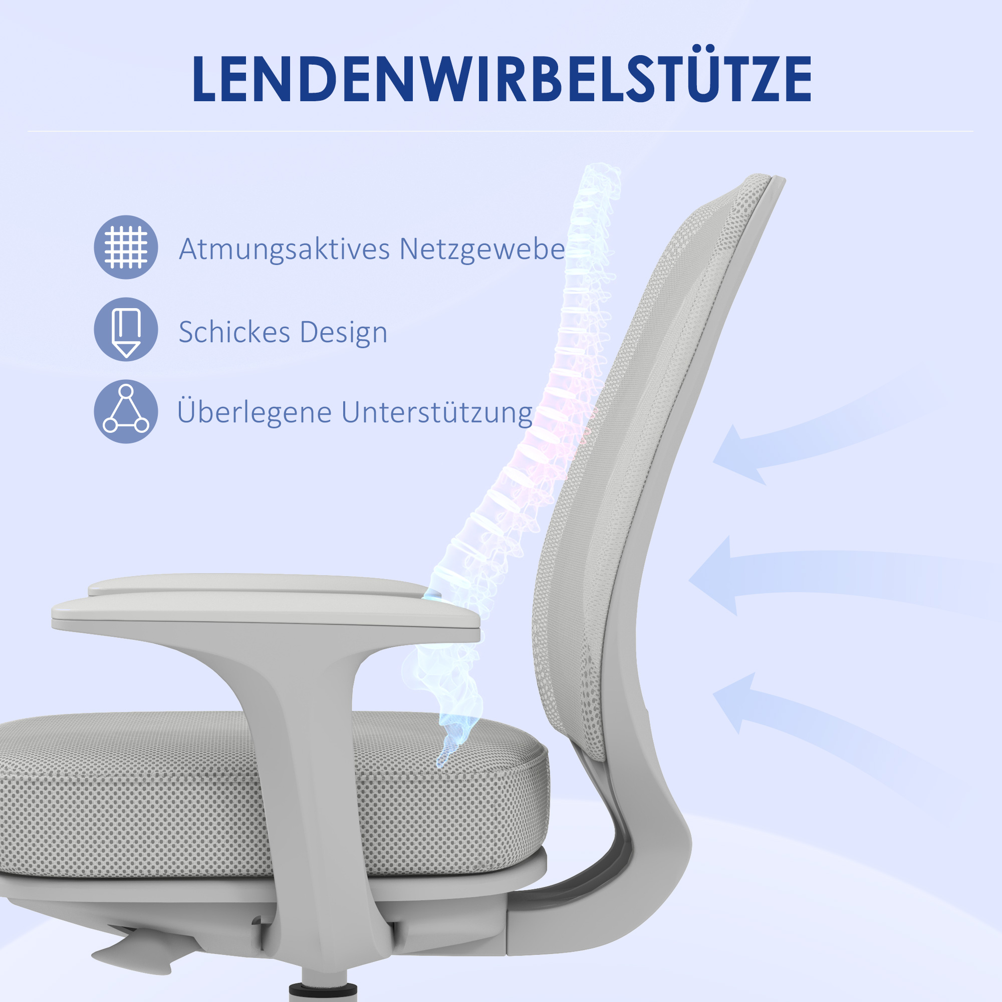 Bürostuhl, Ergonomisch Schreibtischstuhl mit Drehfunktion, Höhenverstellbar 55 x 48 x 82,5-94,5 cm Grau