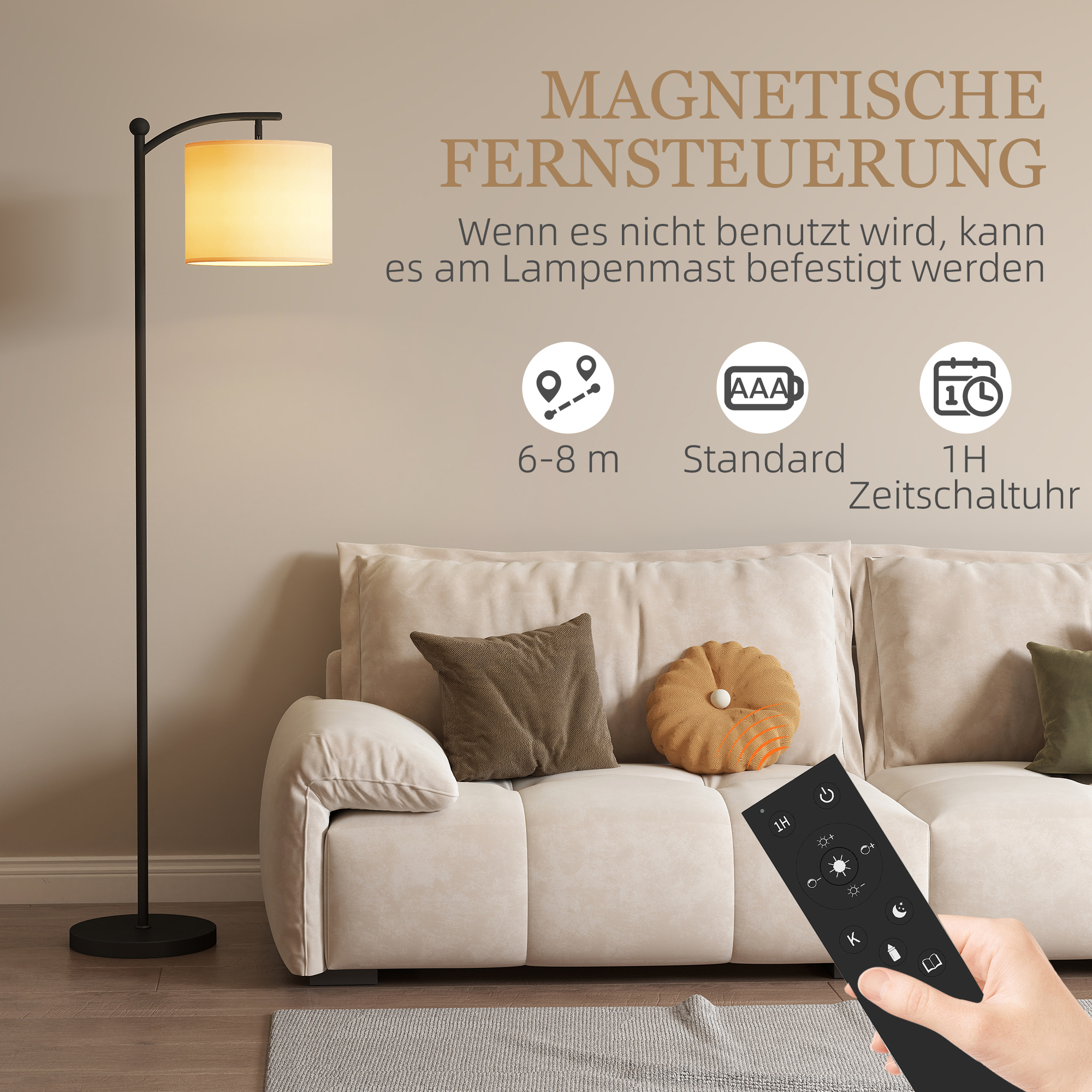 Stehlampe, verstellbare Lichtoptionen, Fußschalter, Fernbedienung, Metall, Schwarz