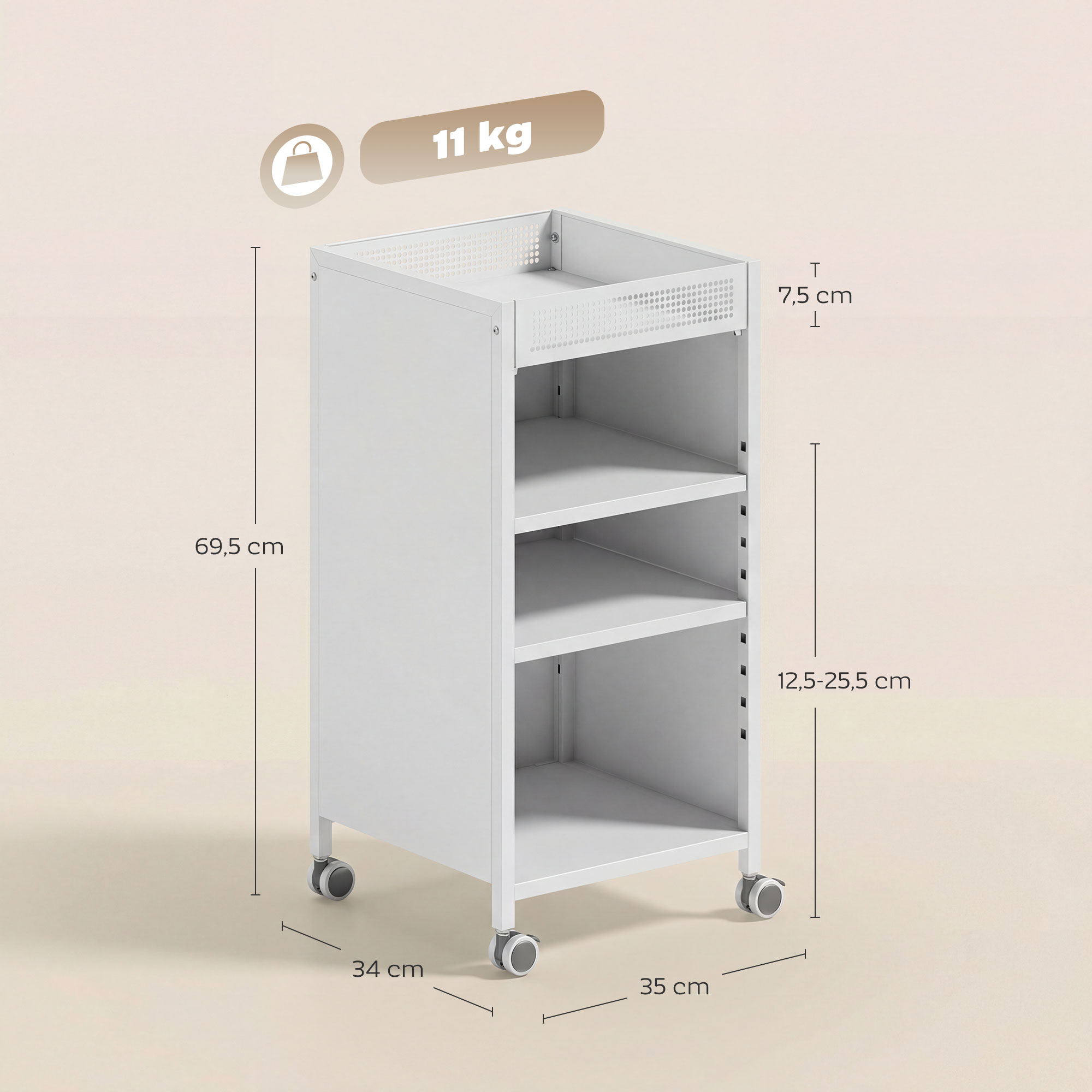 Bücherregal mobil mit verstellbaren Regalen, 3-stufiger Rollwagen mit oberem Korb, Weiß