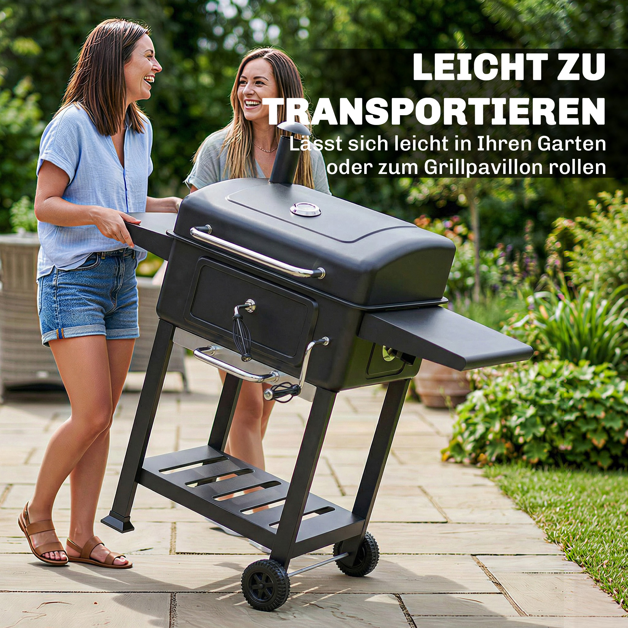 Holzkohlegrill BBQ Smoker mit Deckel Thermometer höhenverstellbar Kohlepfanne Kamin Grillrost Seitentisch Aschefach