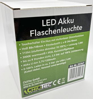LED Akku Flaschenleuchte / warmweiß, USB-C, ØxH 10x12cm