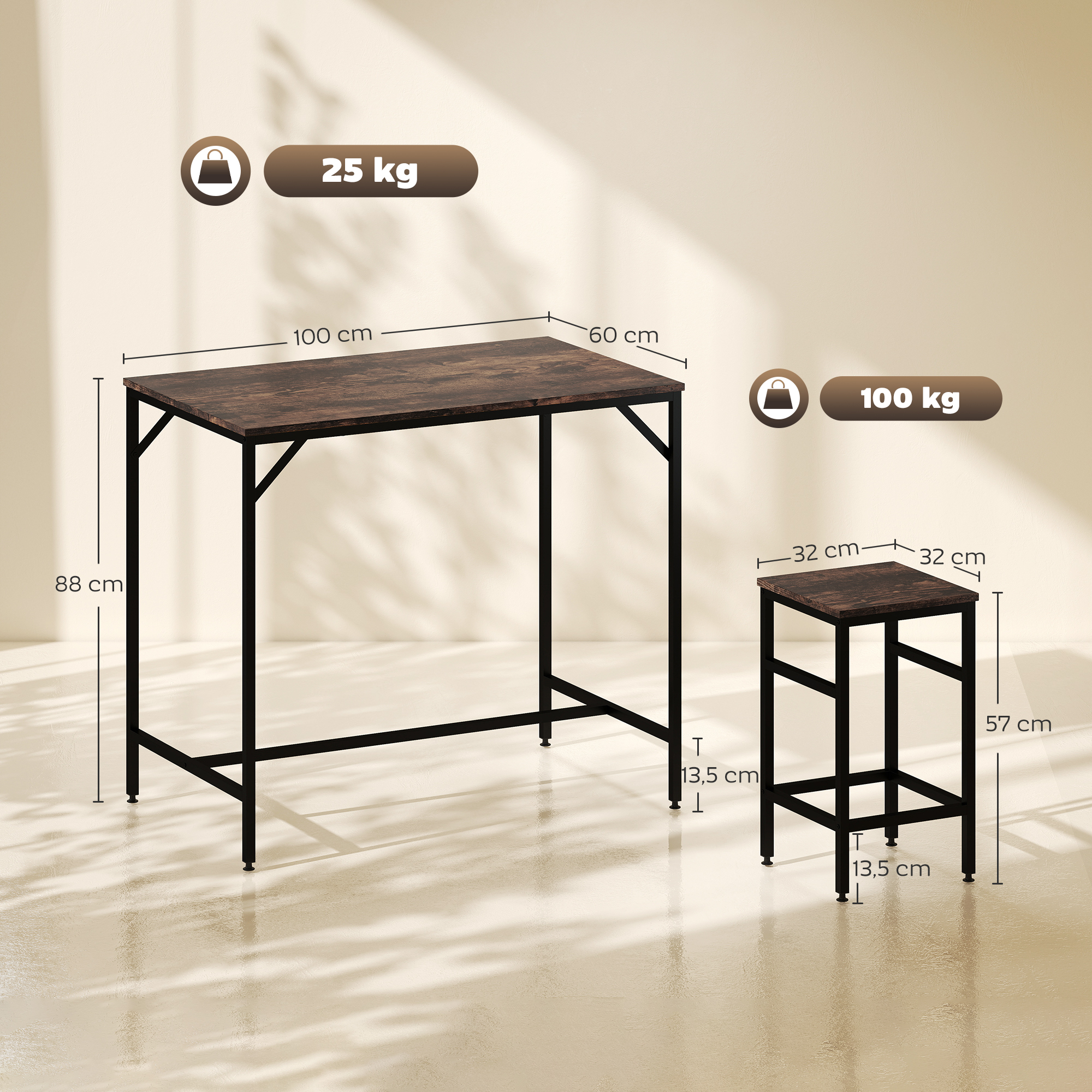5-teiliges Bartisch Set Bartisch mit Barhocker-Set Esstisch mit 4 Stühlen Küchentisch für Esszimmer, Küche, Rustikal-Braun+Schwarz