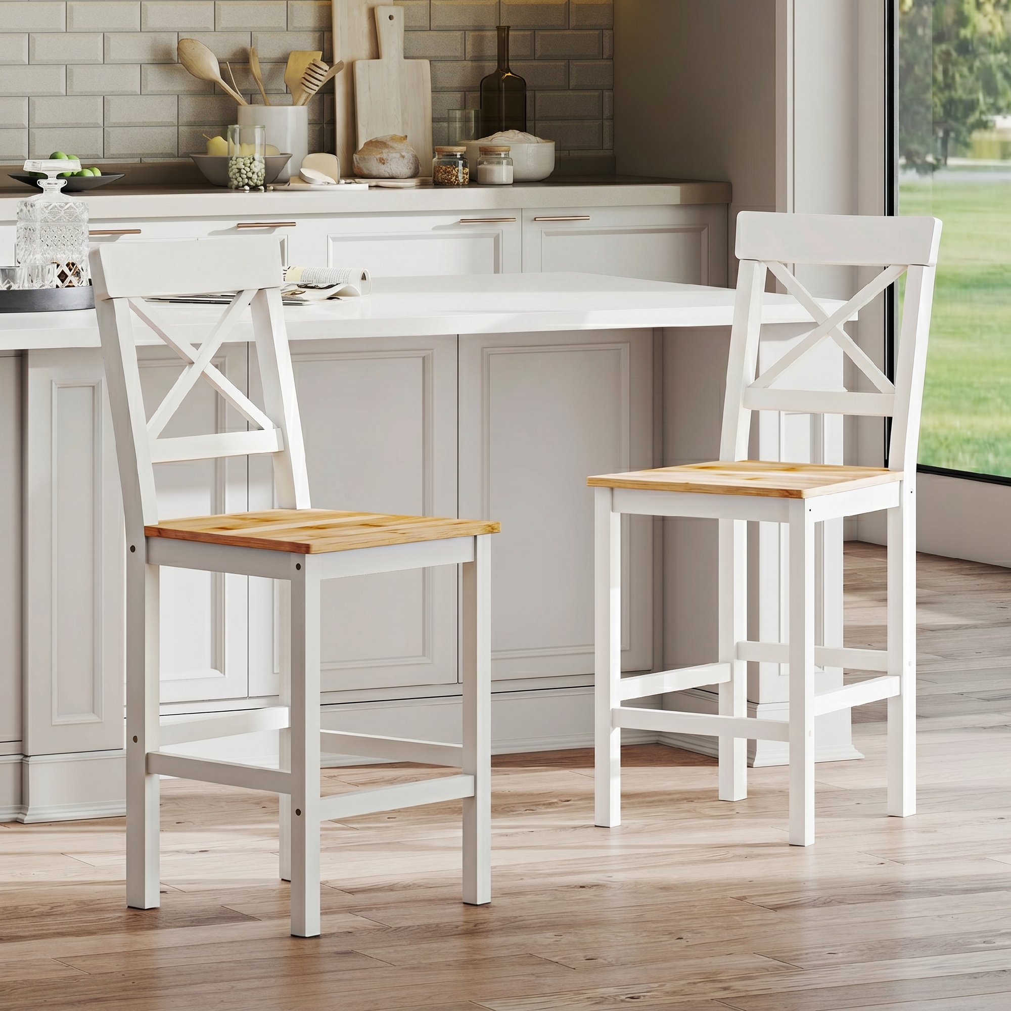 Barhocker 2er Set Barstuhl aus Kiefernholz mit Fußstütze, Lehne, Landhaus-Stil für Küche, Wohnzimmer, Natur