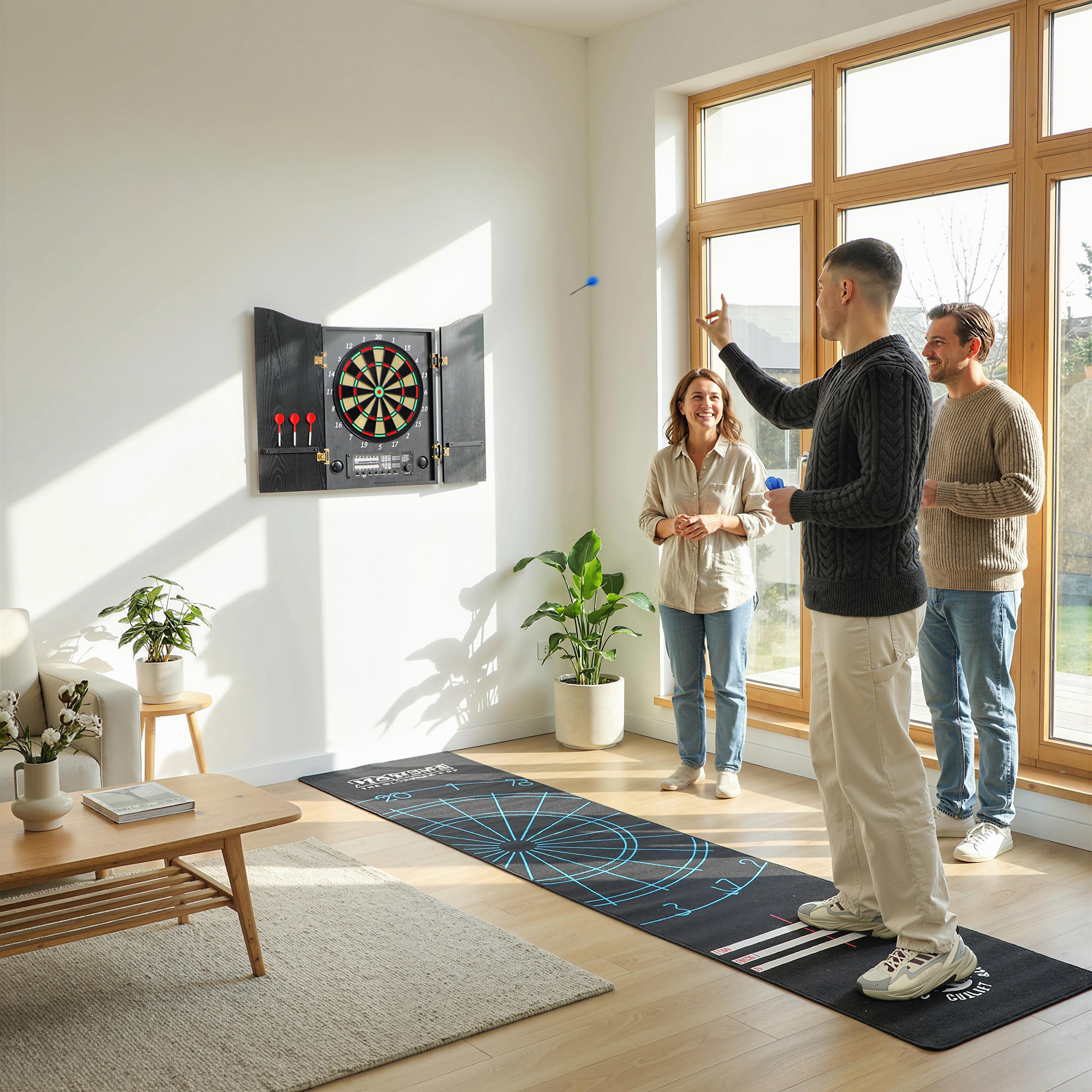 elektronische Dartscheibe, E-Dartboard mit Türen, Holzoptik, LED-Anzeige, Sprachansagen, 6 Dartpfeile, 24 Ersatzspitzen