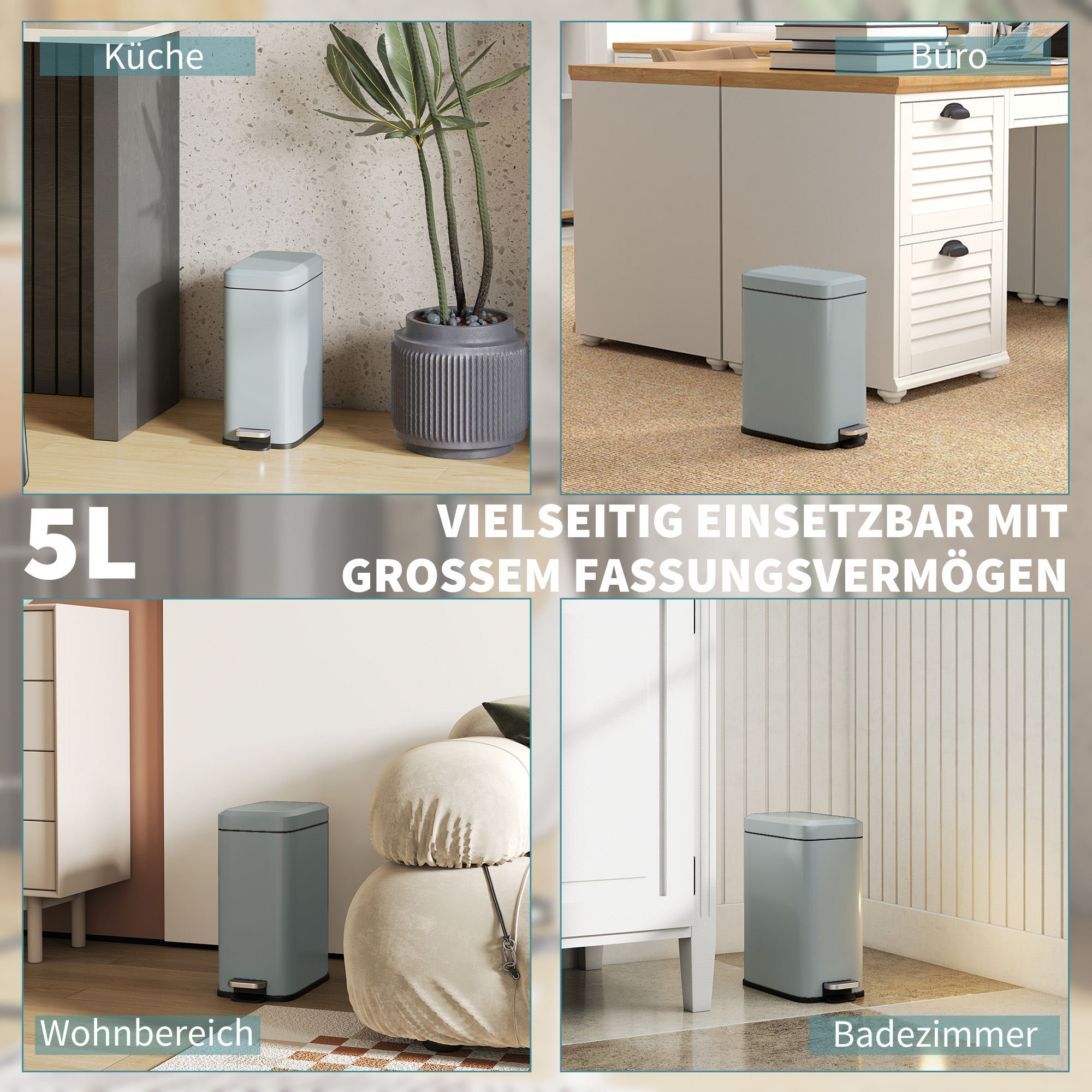 Mülleimer aus Metall, Abfalleimer, 5 L Fassungsvermögen, mit Fußpedal, mit Inneneimer, Grau
