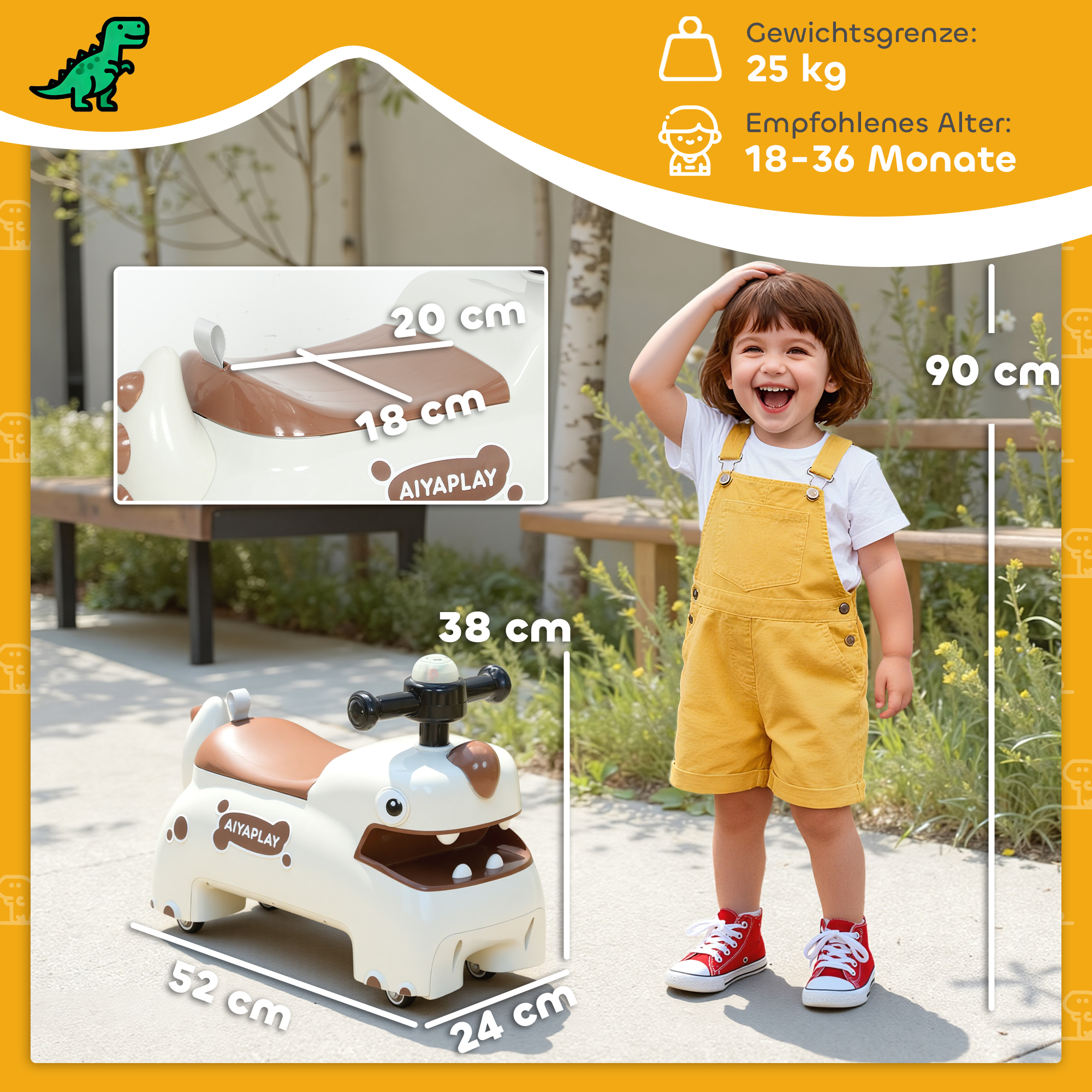 Ruschauto, Dino-Design, Lenkrad, Lichter, Geräusche, 4 Räder, Cremeweiß+Braun