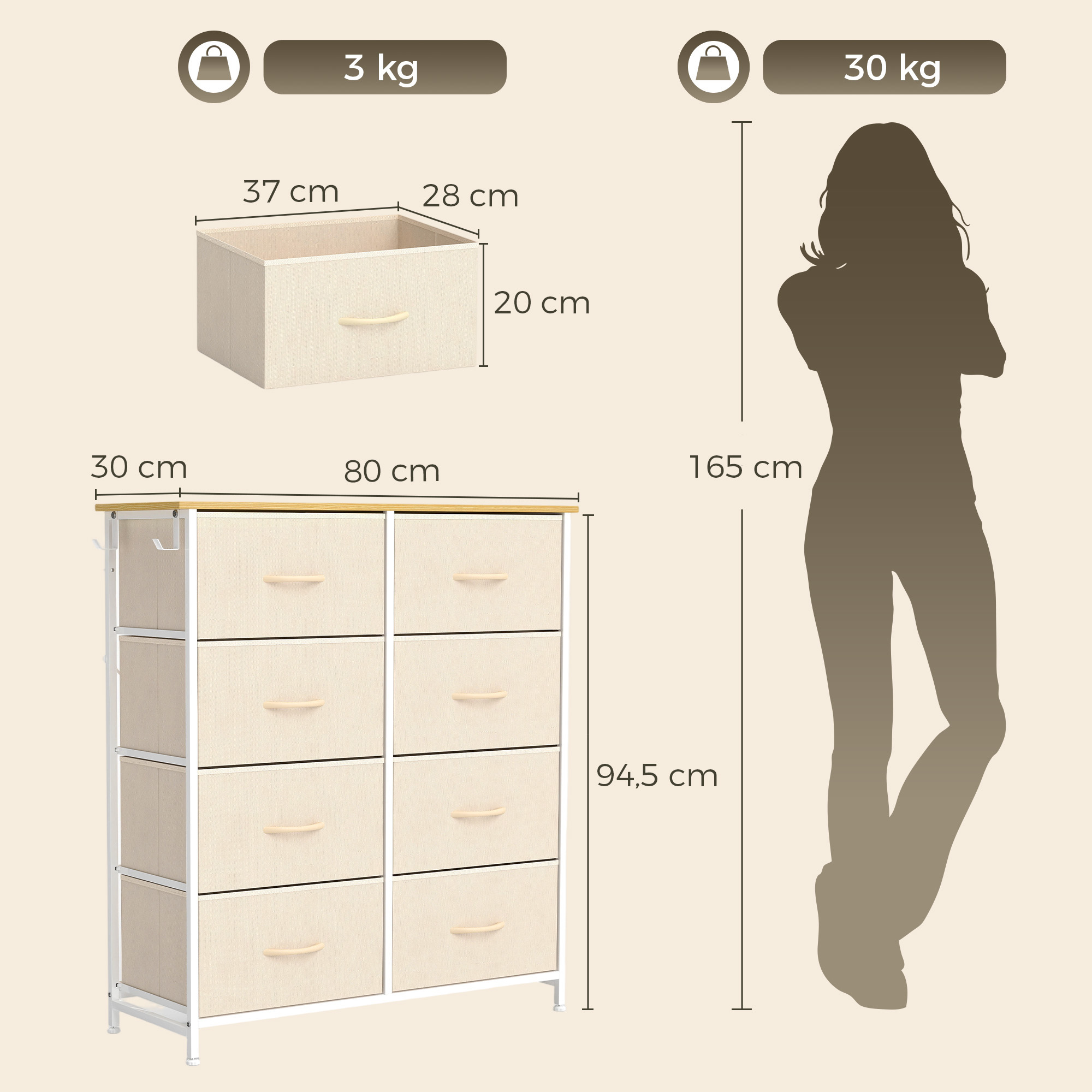 Schlafzimmer-Kommode mit 8 Stoffschubladen, Stahlstreben, Holzoberfläche, 4 Aufbewahrungstaschen, 2 Haken, Beige