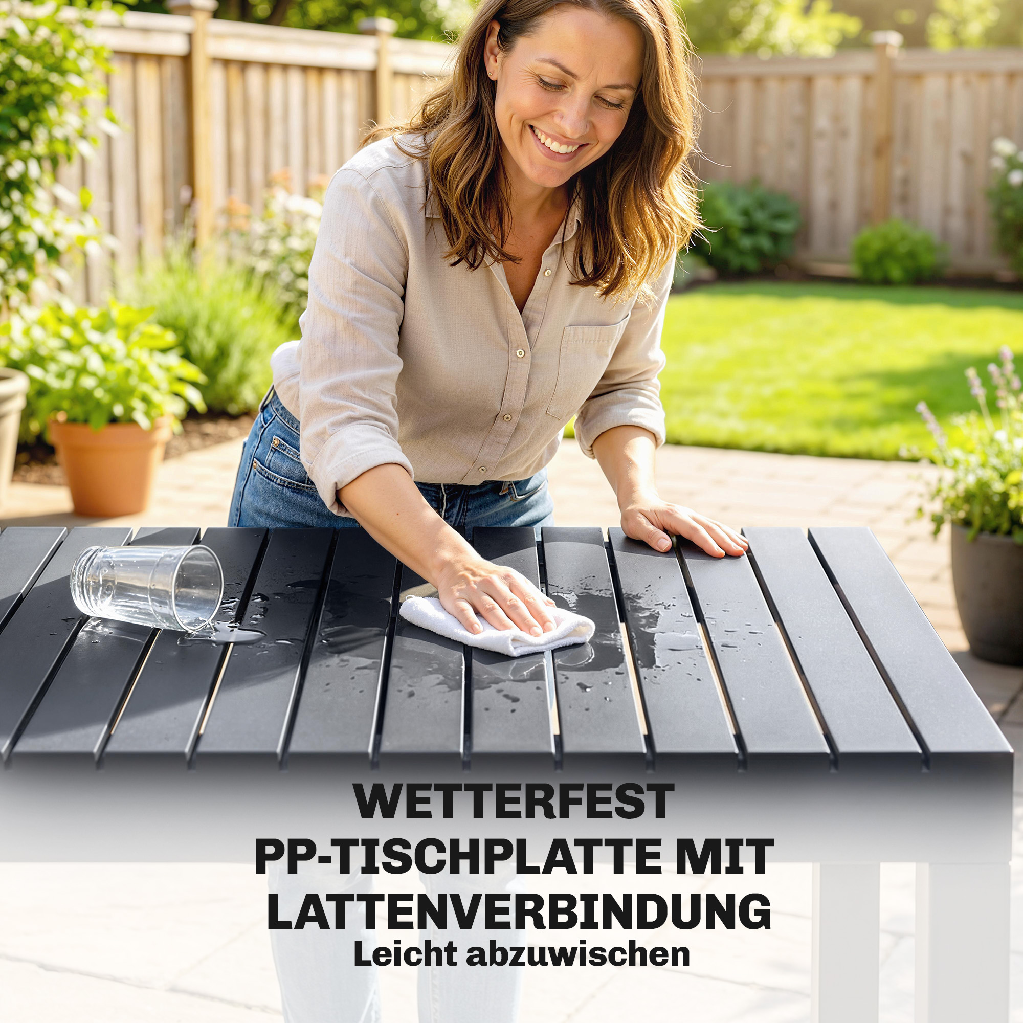 Gartenmöbel Set Sitzgruppe 5-teilig Breiter Tisch mit 4 Stapelstühlen Lamelldesign für 4 Personen Dunkelgrau