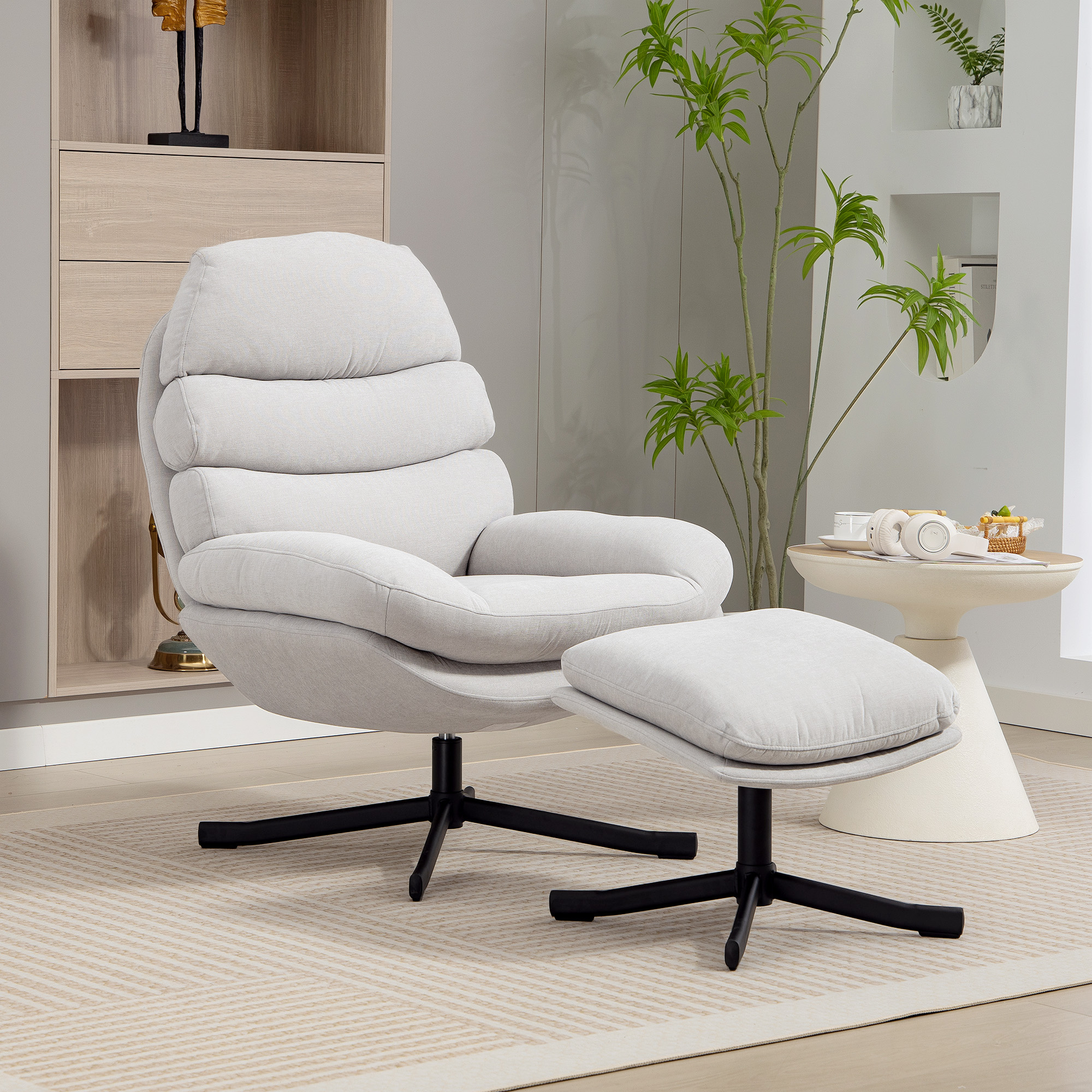 Relaxsessel mit Hocker Sessel Loungesessel mit Chenille-Stoff, Modern Fernsehsessel, 78 x 93 x 100 cm, Cremeweiß