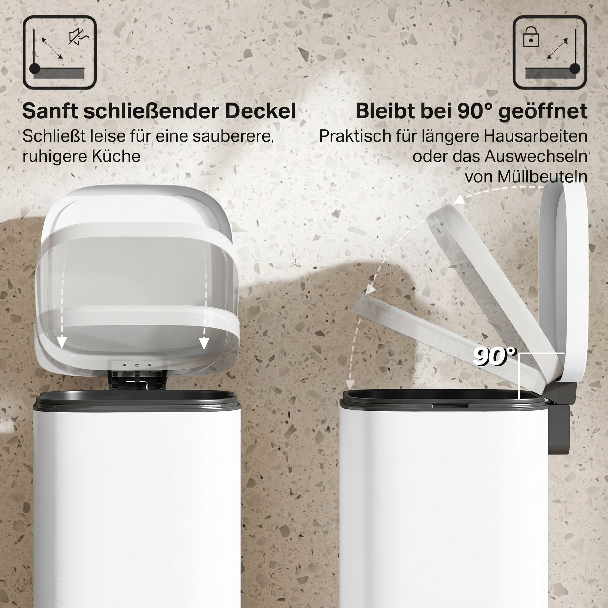 30L Küchenmülleimer Pedaleimer mit Deckel, Soft-Close- und Offenhalte-Funktion für Küche, Zuhause