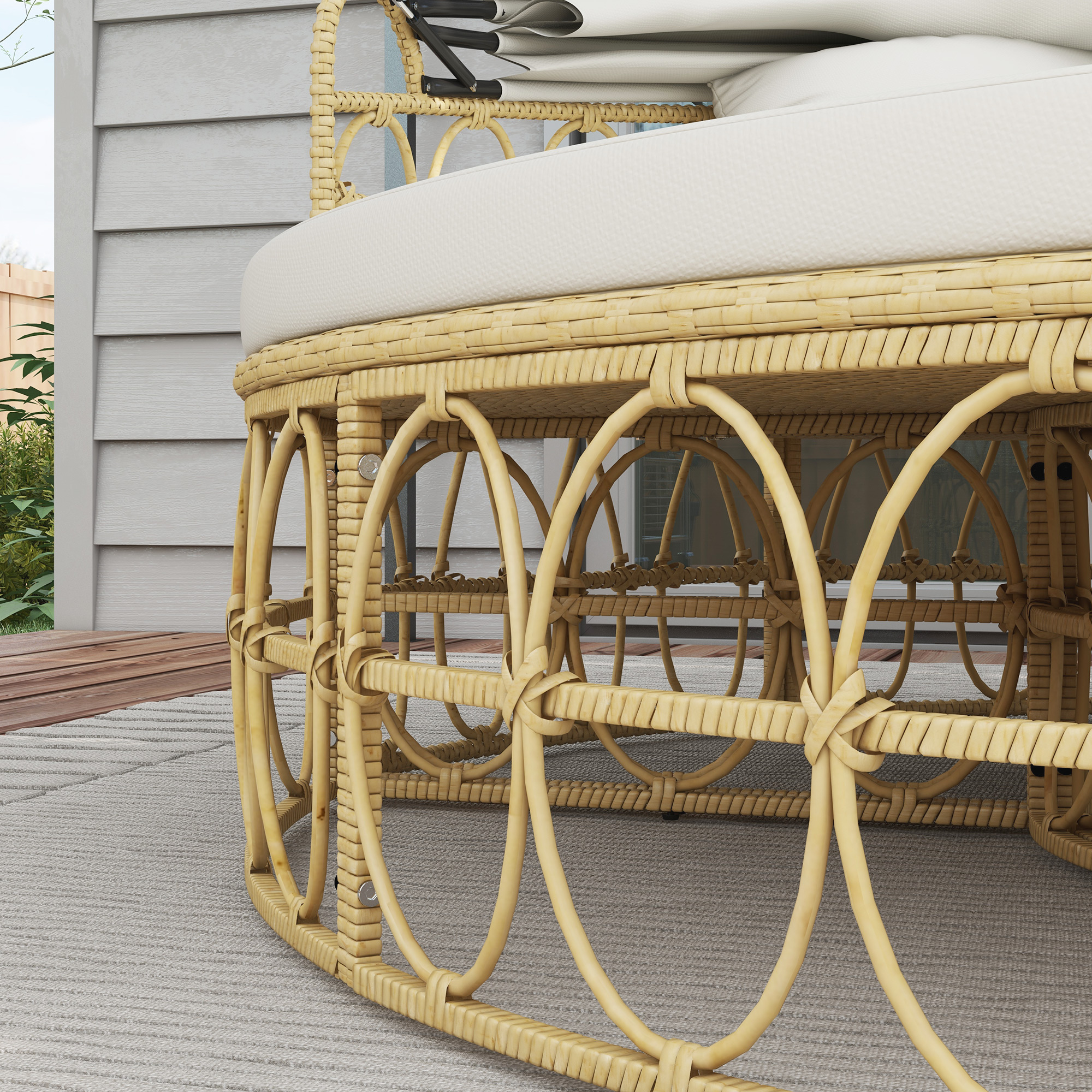 Sonneninsel, 4-teilig, ausziehbares Dach, 5 Kissen, Rattanoptik, 178B x 85T x 66,5H cm, Beige