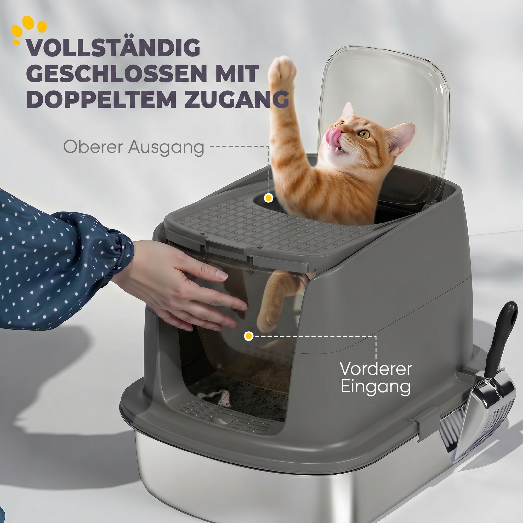 Katzentoilette aus Edelstahl, geschlossene Katzenstreuschale mit Metallschaufel und Deobeutel, dunkelgrau
