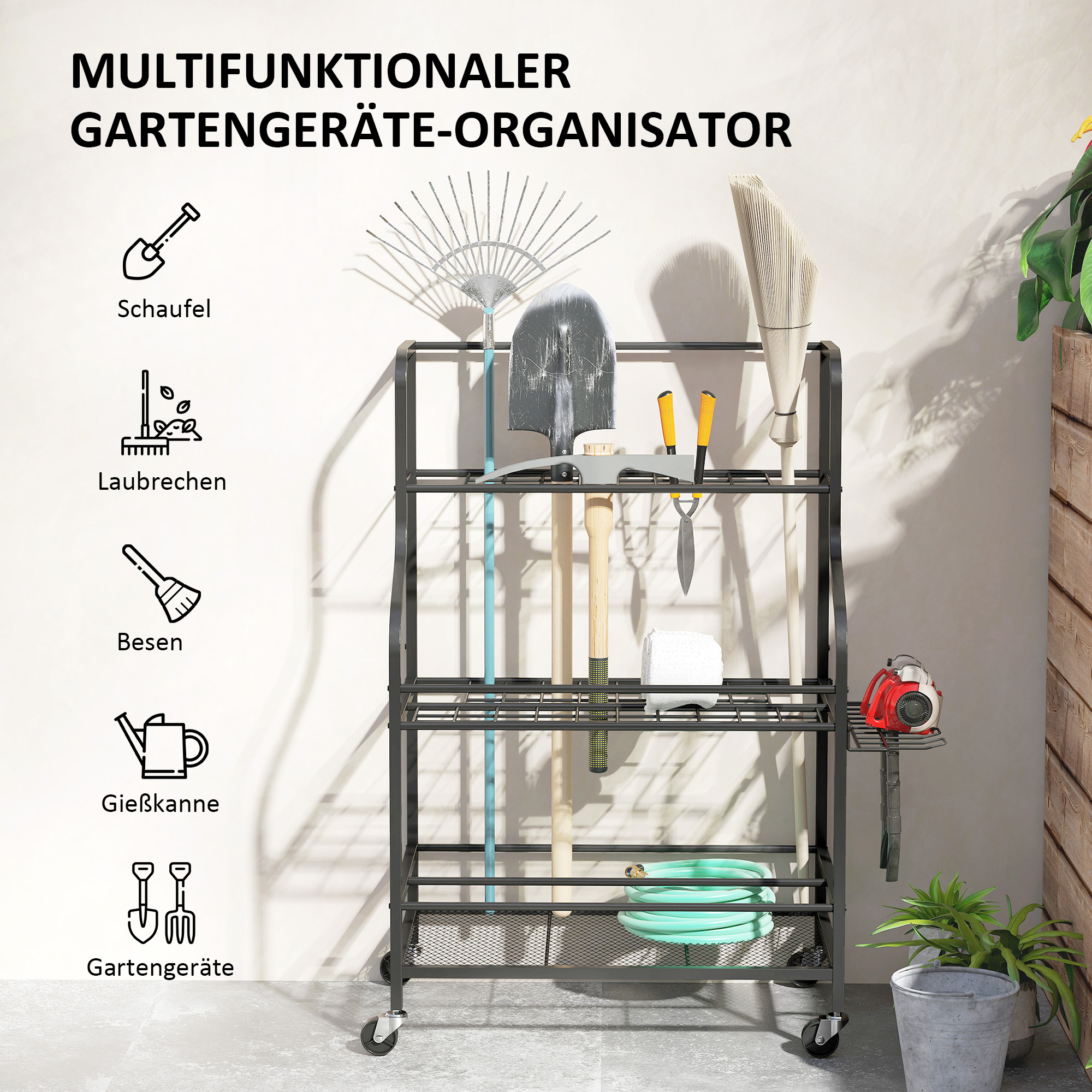 Gartenwerkzeug-Organizer 3-stufig Gartengeräte Ständer mit Haken bis 40 kg belast 77x40x97cm Schwarz