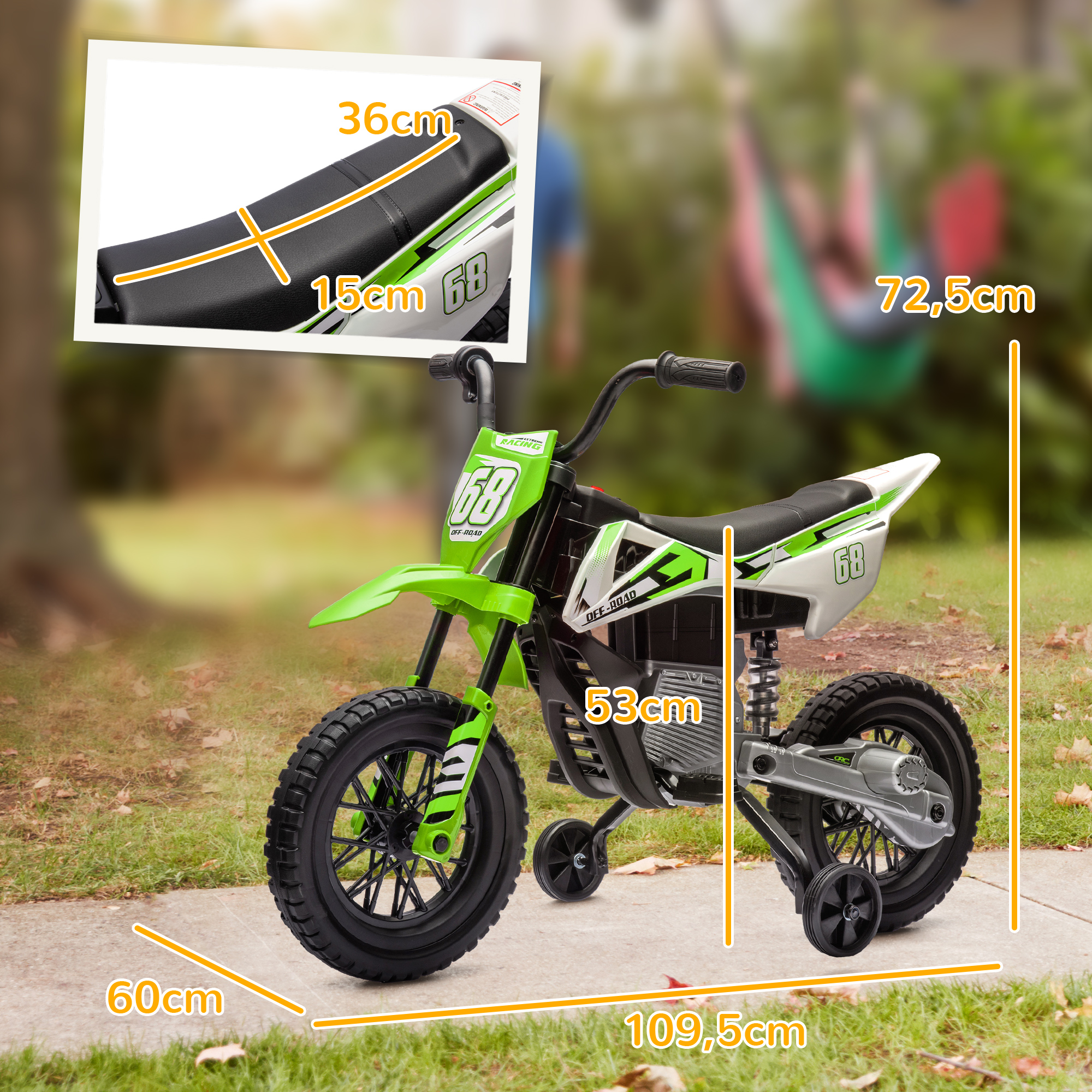 Elektro-Motorrad für Kinder, 12V Kindermotorrad mit Musik, Kinderfahrzeug mit Trainingsrädern, 3-6 Jahre, Grün