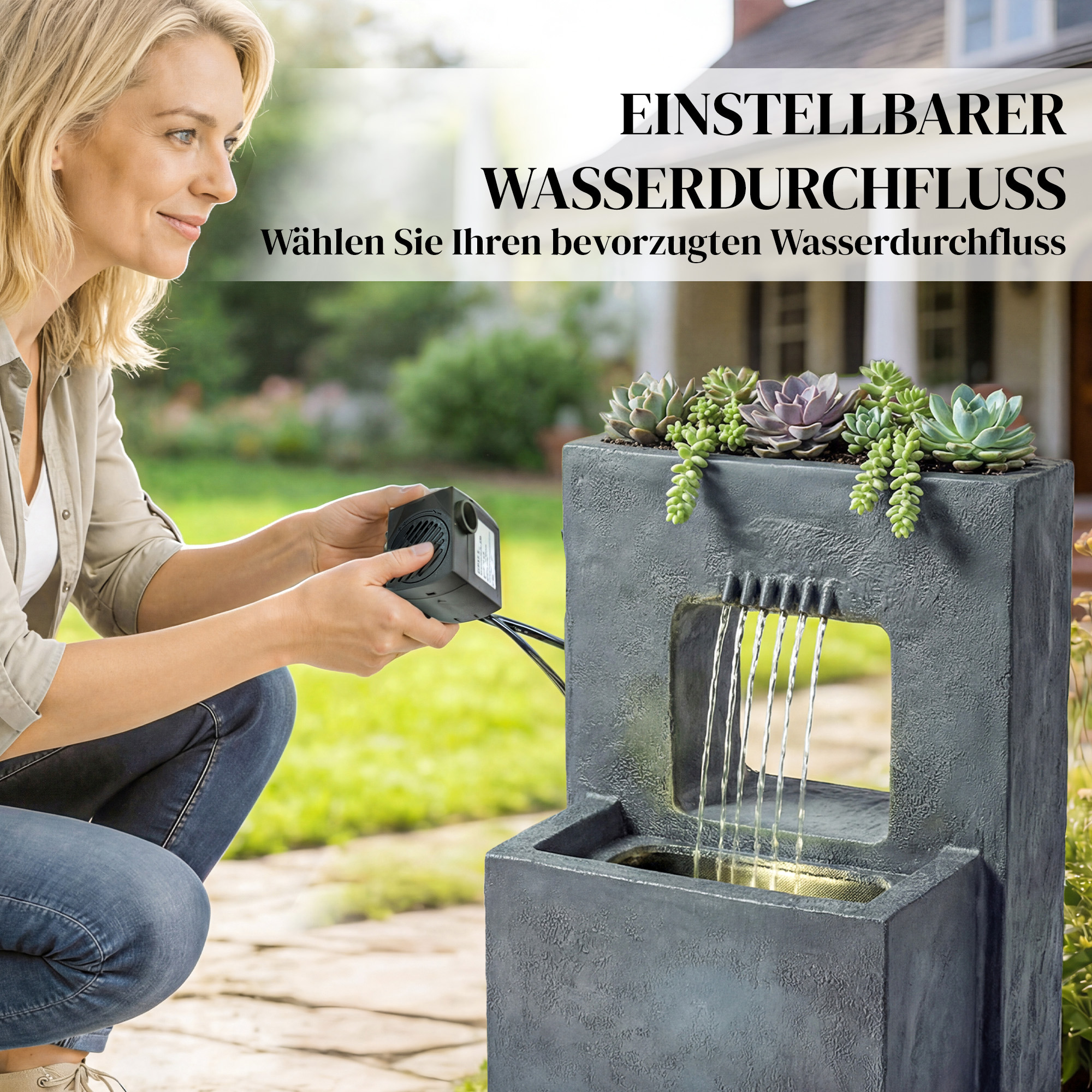 Springbrunnen 2-stufig Gartenbrunnen mit LED Beleuchtung Pflanzkübel Pumpe Steinoptik, Verstellbar 45 x 31,5 x 58,5 cm