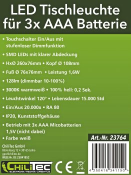 LED Tischleuchte 26cm, Weiß / 3xAA A Batterie, dimmbar, Licht warmweiß