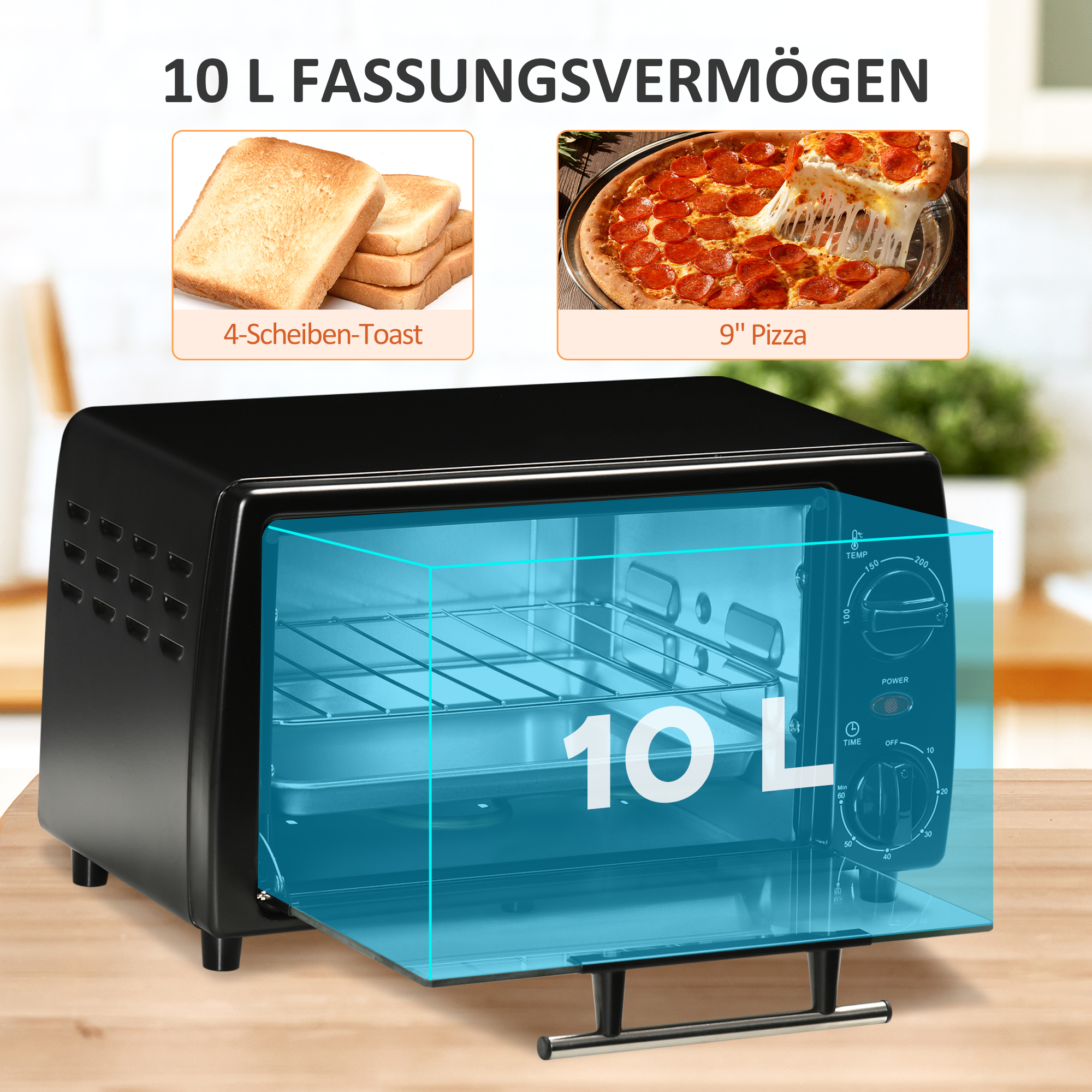 Mini-Ofen Toasterofen, 1 Backblech, 1 Grilrost, 10 L Kapazität, Timer-Funktion, 36.5 cm x 26 cm x 22 cm, Schwarz