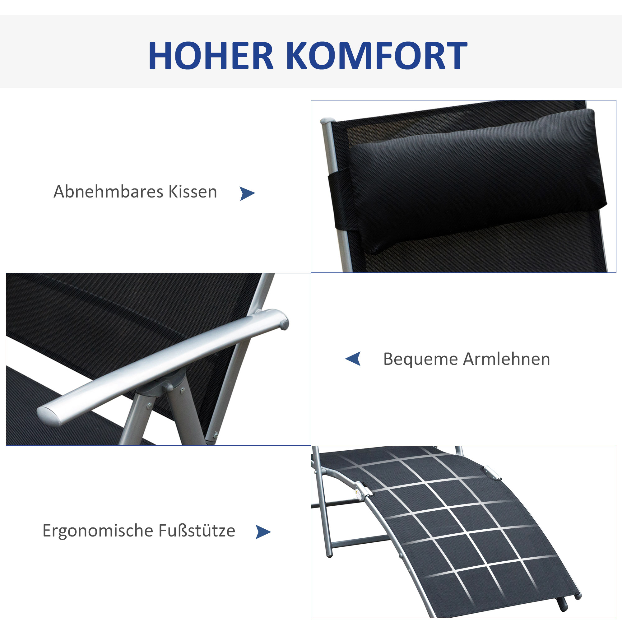 Sonnenliege klappbar Strandliege mit Kissen Liegestuhl mit 7-Fach verstellbare Rückenlehne Gartenliege Relaxliege Gartenstuhl bis 165 kg belastbar, für Garten Urlaub Outdoor, Schwarz