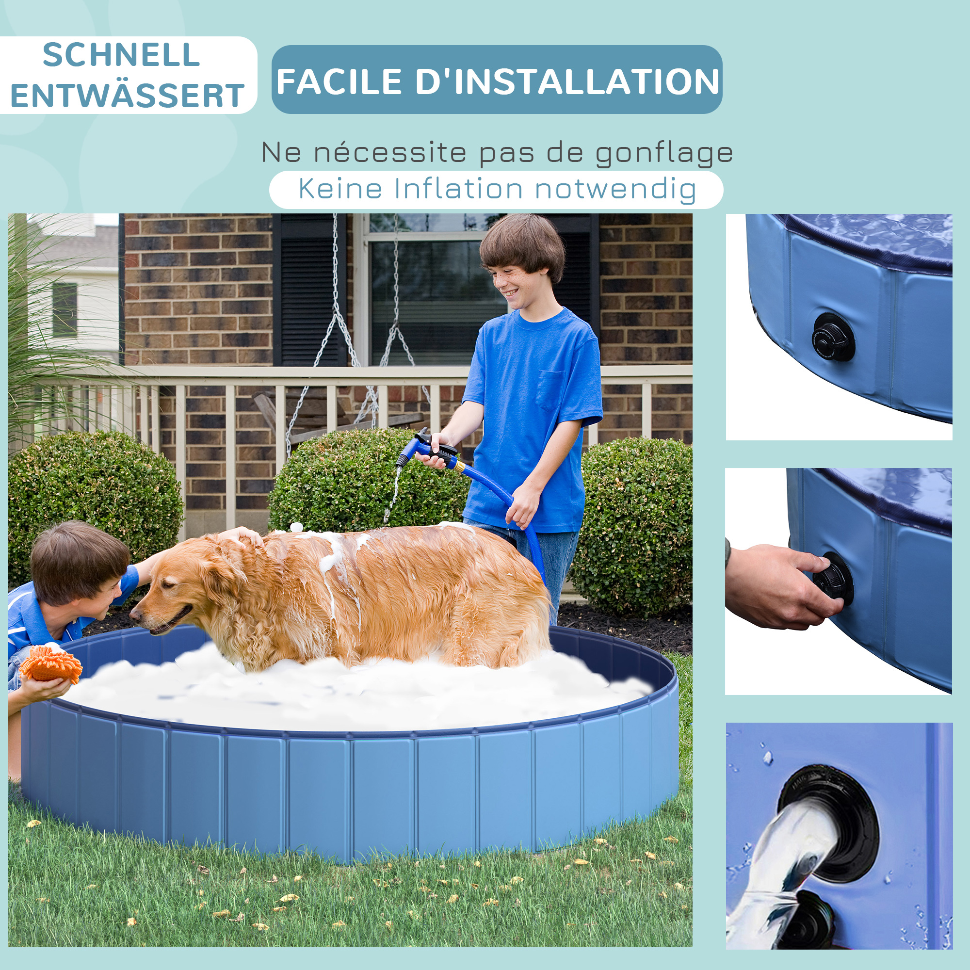 Hundebadewanne faltbar Badewanne Hundepool Plantschbecken Swimmingpool Wasserbecken für Hunde und Katzen Schwimmbecken Kunststoff+Holz Blau Ø120 x H30 cm