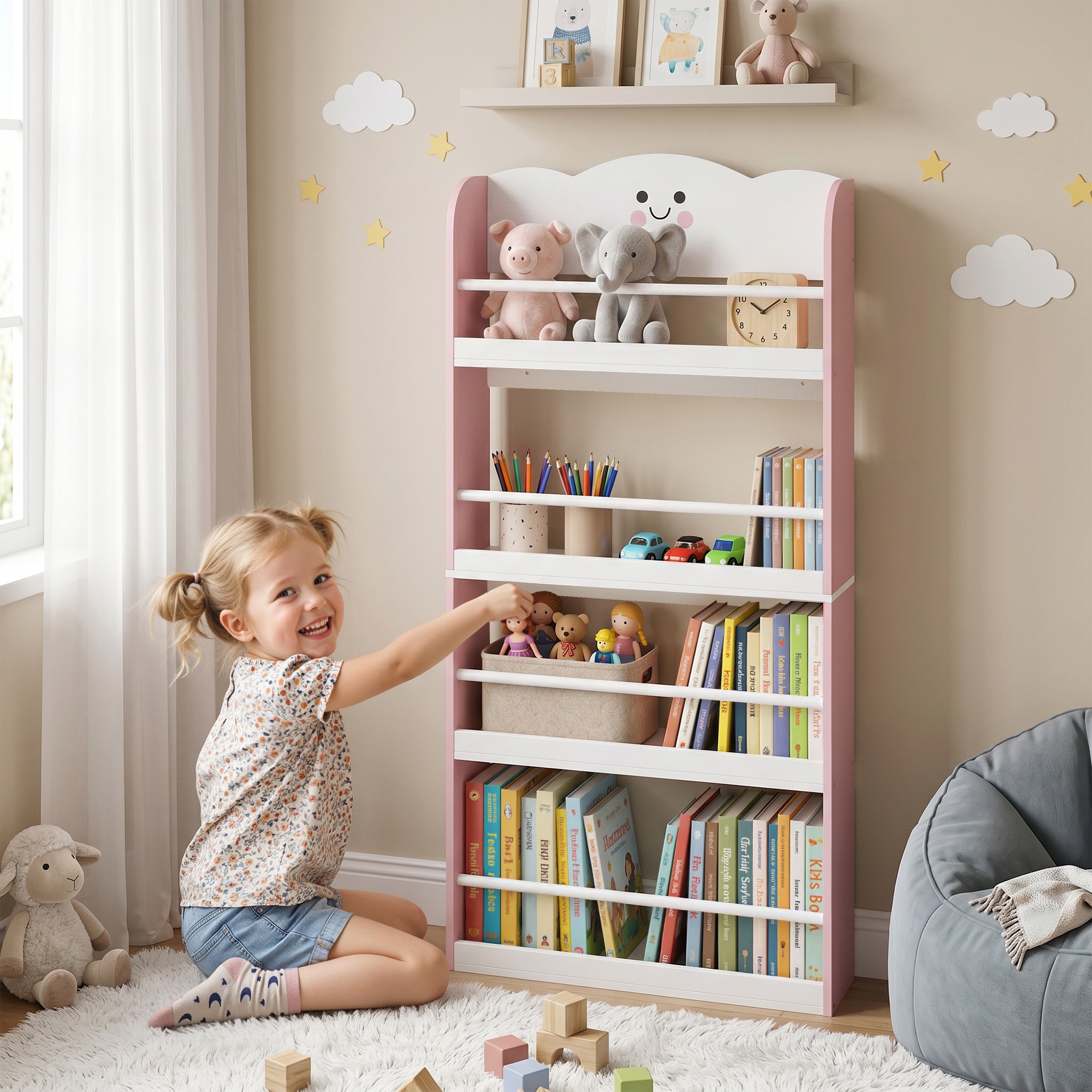 Kinderbücherregal mit 4 Etagen, Wandmontiertes Bücherregal für Kinderzimmer, Spielzimmer, Wohnzimmer, Rosa