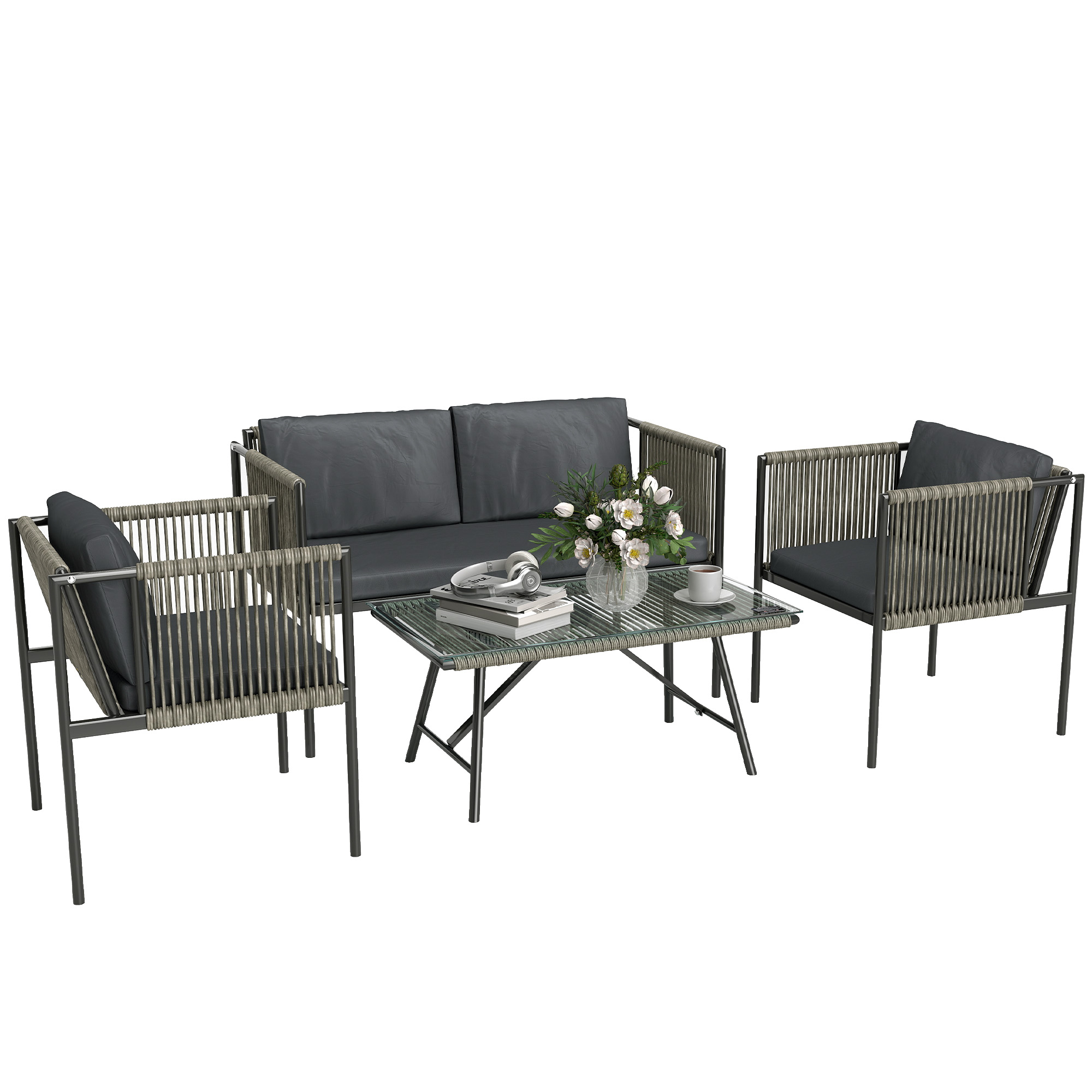 4-teiliges Gartenmöbel-Set, 1 Sofa, 2 Sessel, 1 Tisch mit Glasplatte, Kissen, Stahlrahmen, Kunststoff-Rattan, Grau