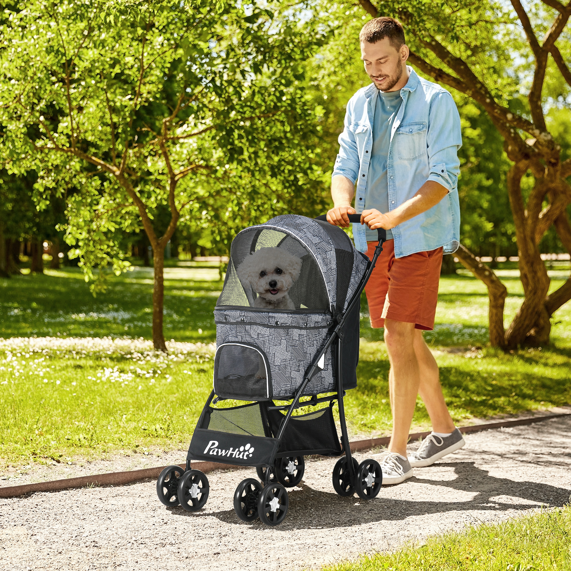 Hundebuggy Hundewagen bis 10kg klappbar verstellbares Vordach Bodenkorb Kissen Seitentasche 81 cm x 48 cm x 99 cm Grau