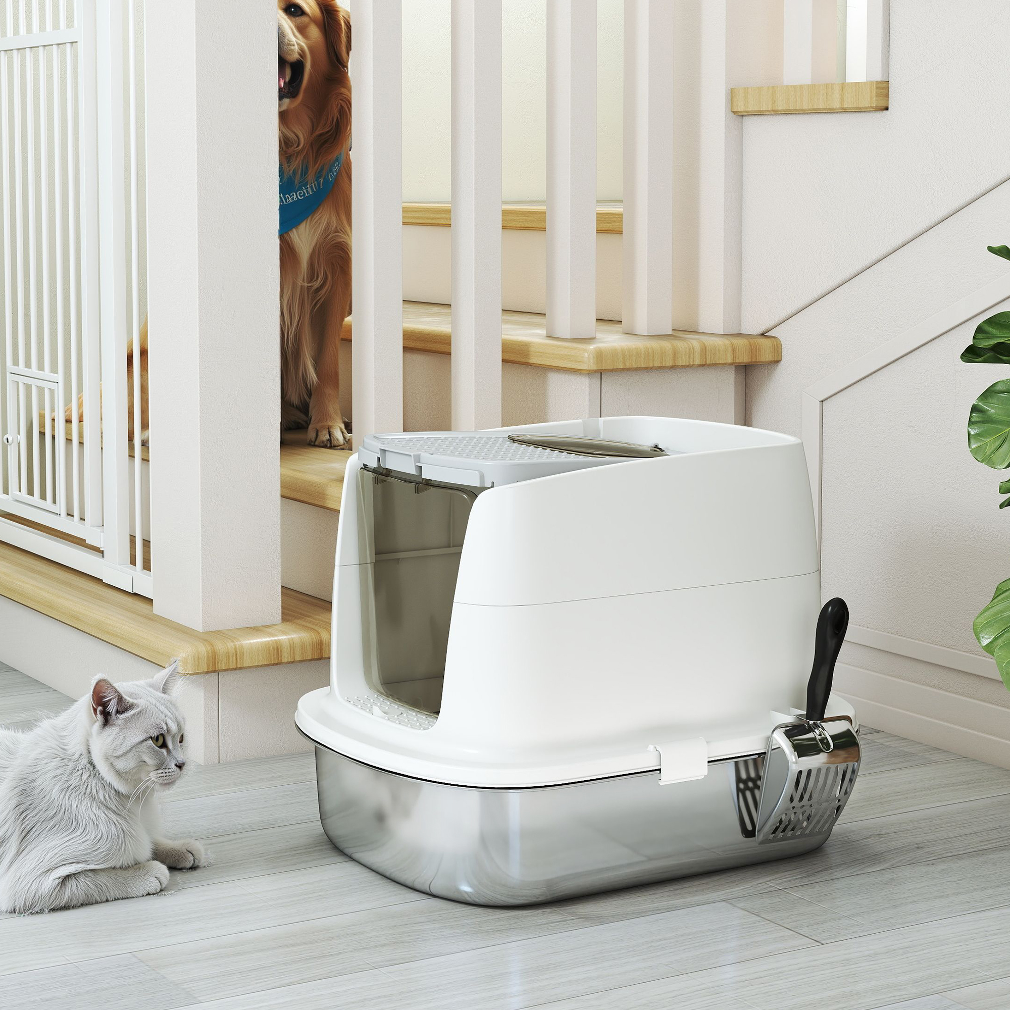 Katzentoilette Edelstahl, geschlossene Katzentoilette mit Schaufel, Geruchsbeutel, Einstieg Ausgang