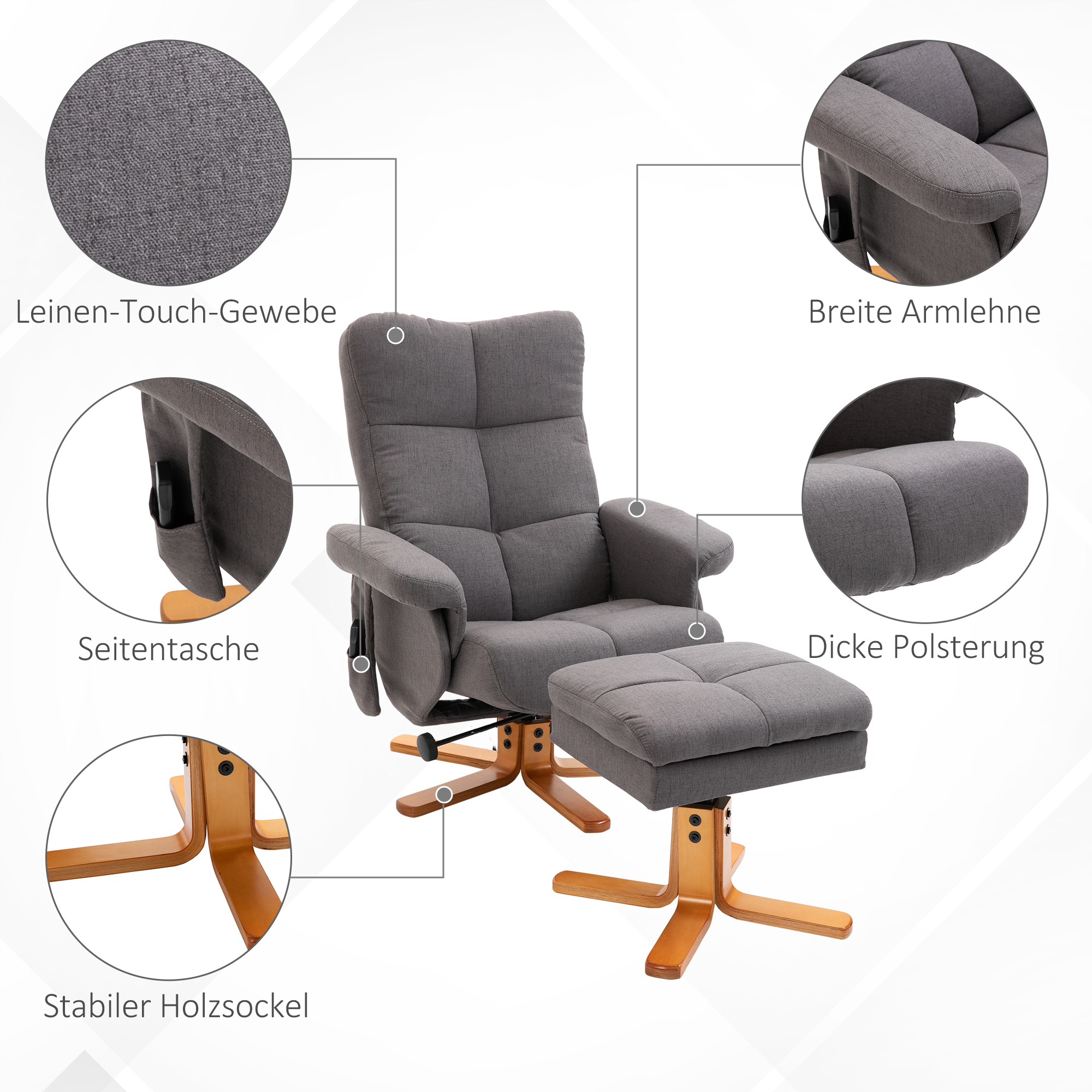 Relaxsessel mit Fußhocker, Stauraum, Elektrischer Massagesessel mit Liegefunktion, Drehbarer Fernsehsessel mit Seitentasche, Fernbedienung, Holzrahmen, Polyester, Dunkelgrau