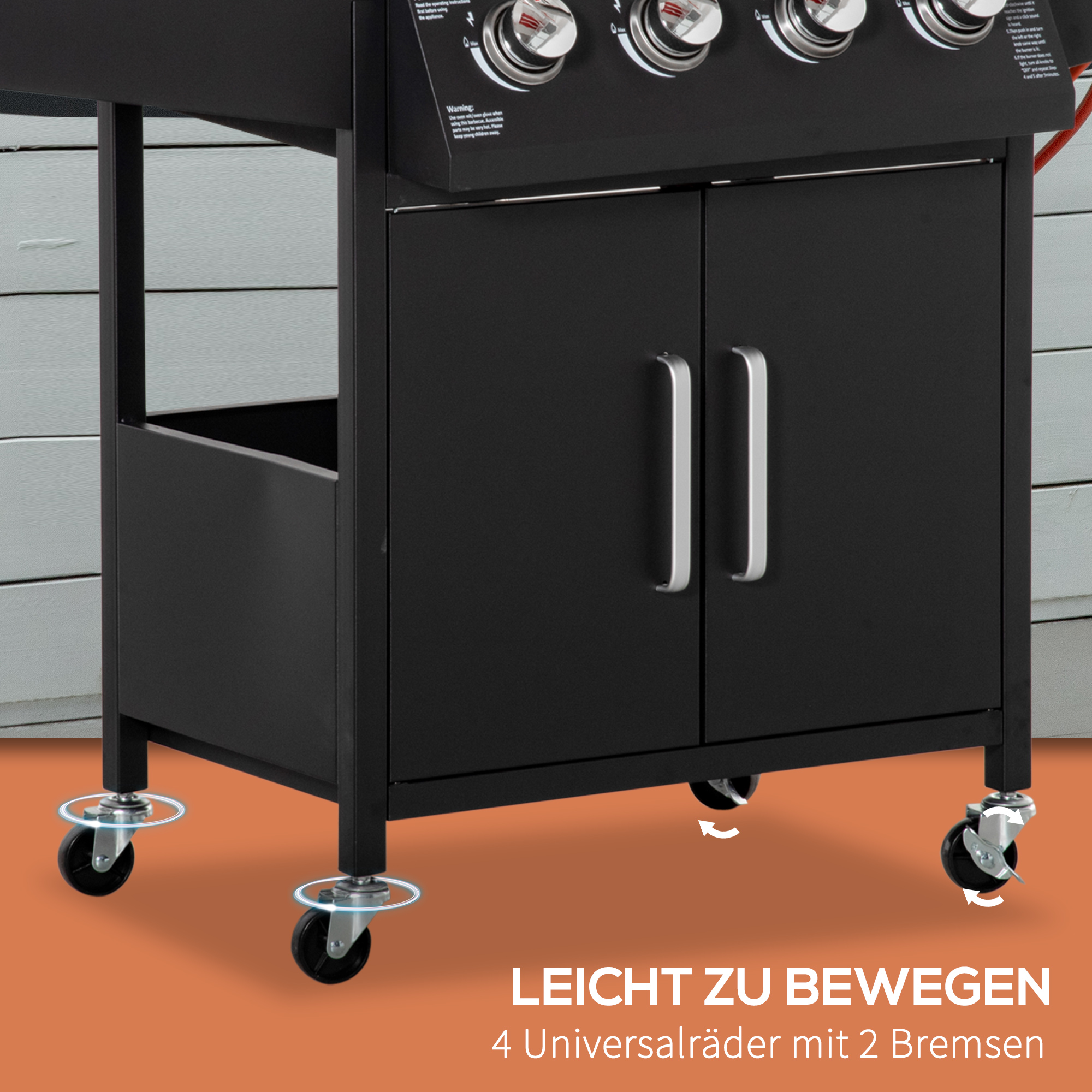 Gasgrill BBQ mit 3 Brennern je 3 kw mobiler Grillwagen mit 4 Rädern Grillnetz Seitentischen Druckminderer Schläuche Schrank Multifunktion Metall Schwarz 132,4cm x 55cm x 109cm