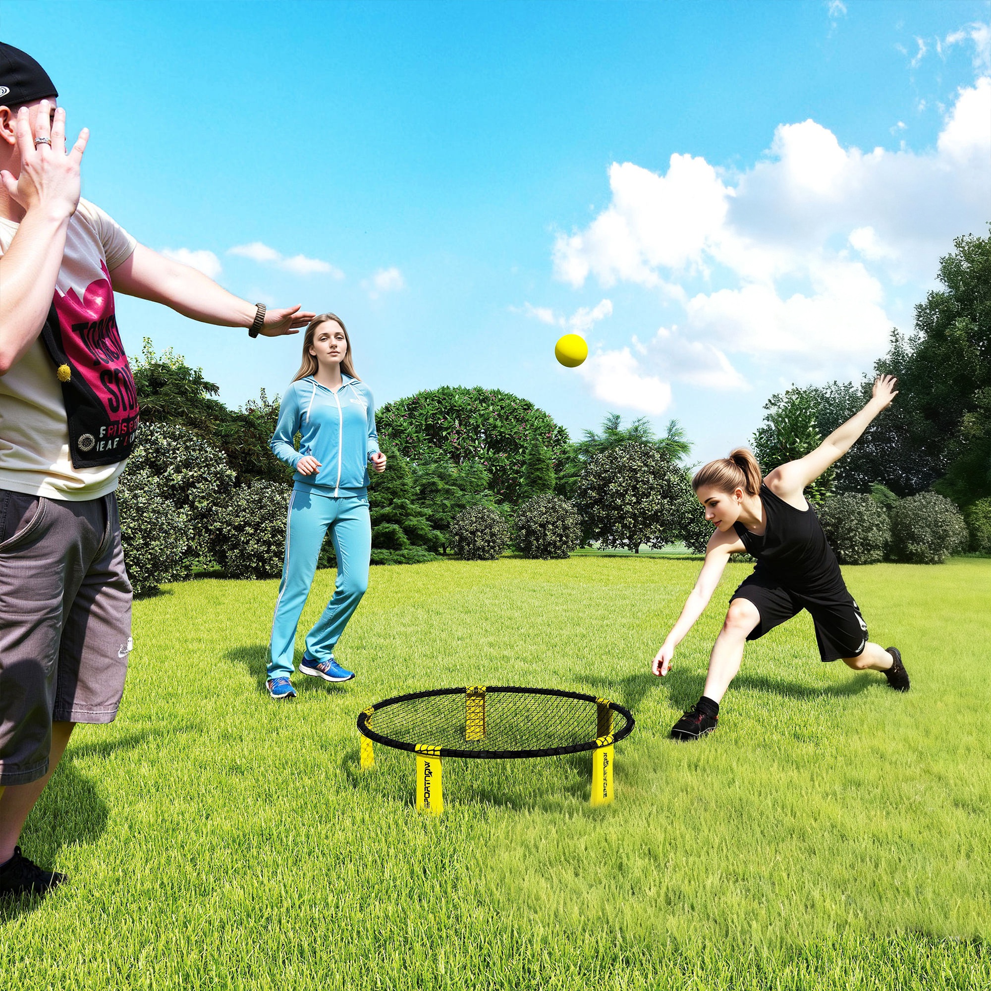 Roundnet Set Spieleset mit Spielnetz 3 Bällen Tragetasche Ballpumpe Blinngoball Set Ø92 x 20 cm Gelb