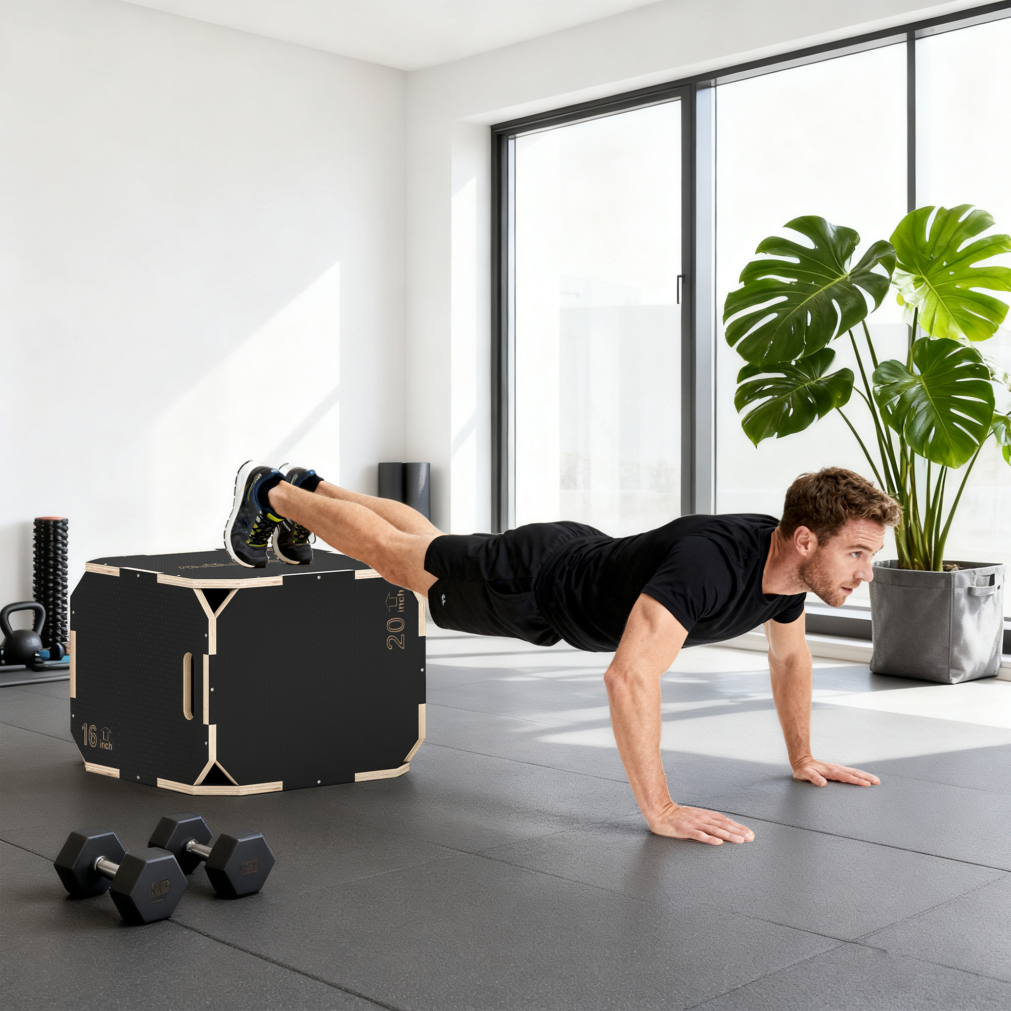 Sprungbox, kantenfreie Ecken, Sperrholz, höhenverstellbar, Seitengriffe, Schwarz