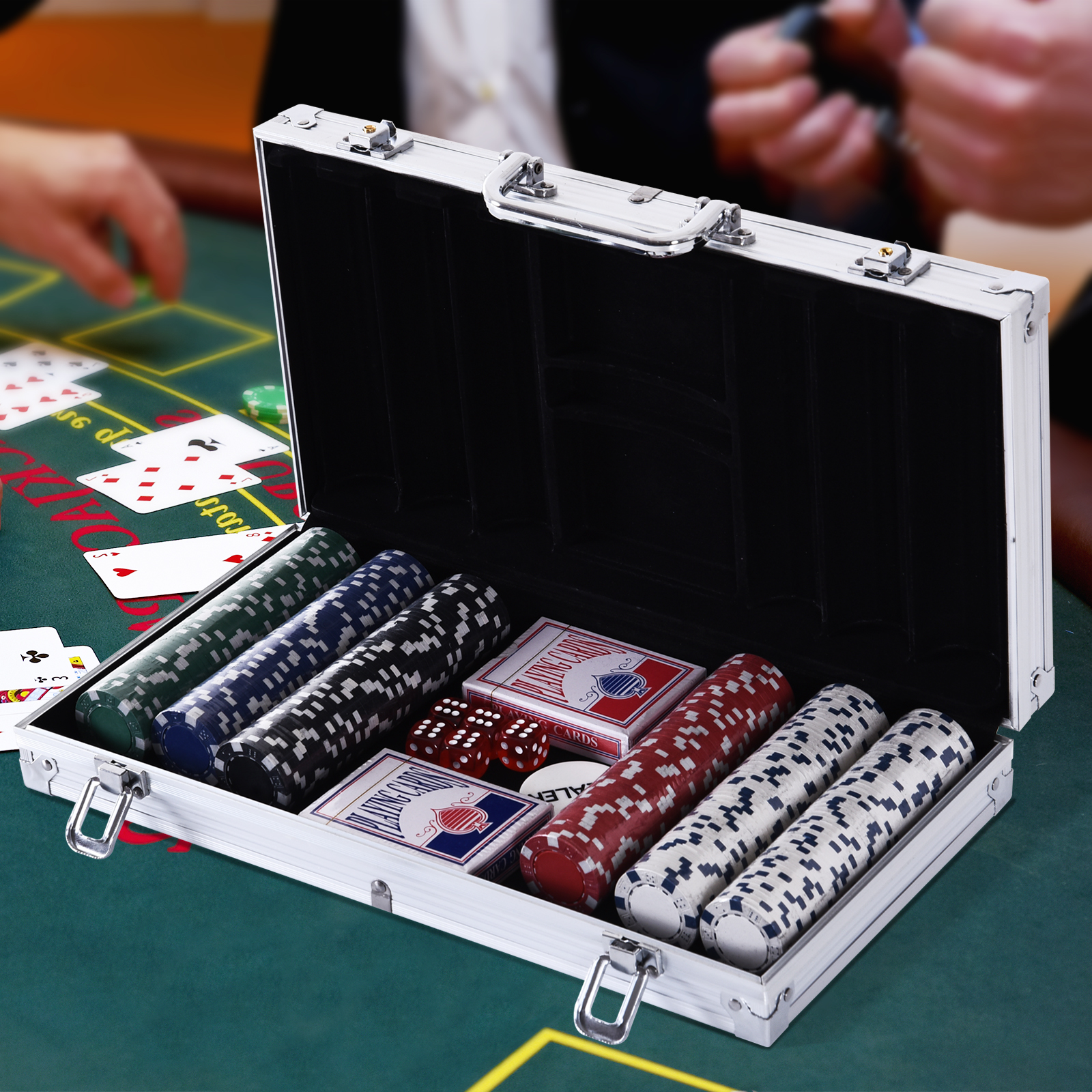 Pokerkoffer abschließbar Pokerset mit Koffer 300 Chips 5 Würfel 2 Kartendecks Zubehör, Pokerchips Komplett Set Pokerspiel Kartenspiele Aluminiumkoffer für Texas Hold'em, Blackjack
