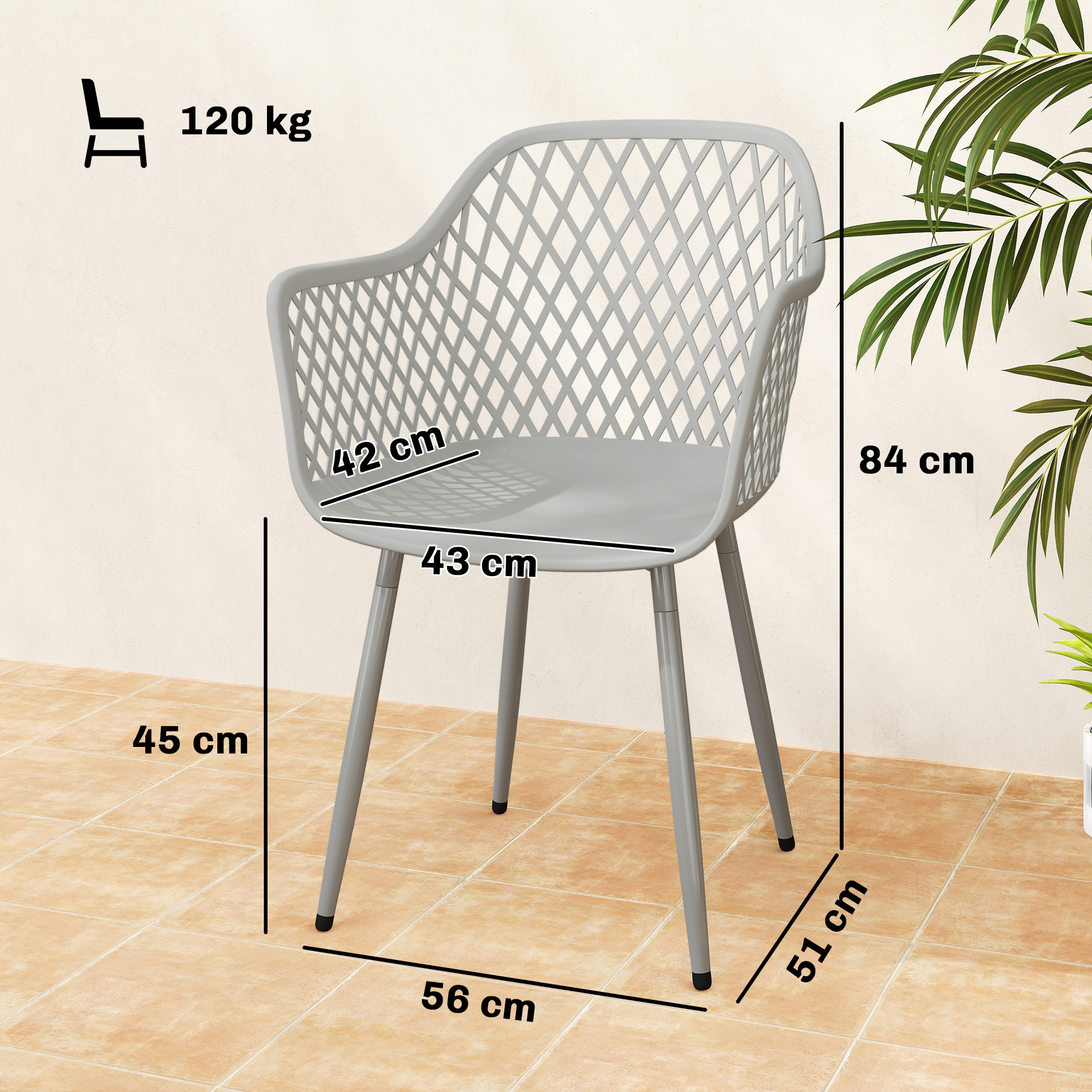 Gartenstuhl 4er Set UV-beständige Gartenstühle aus Kunststoff mit Armlehne Rückenlehne 56 x 51 x 84 cm Grau