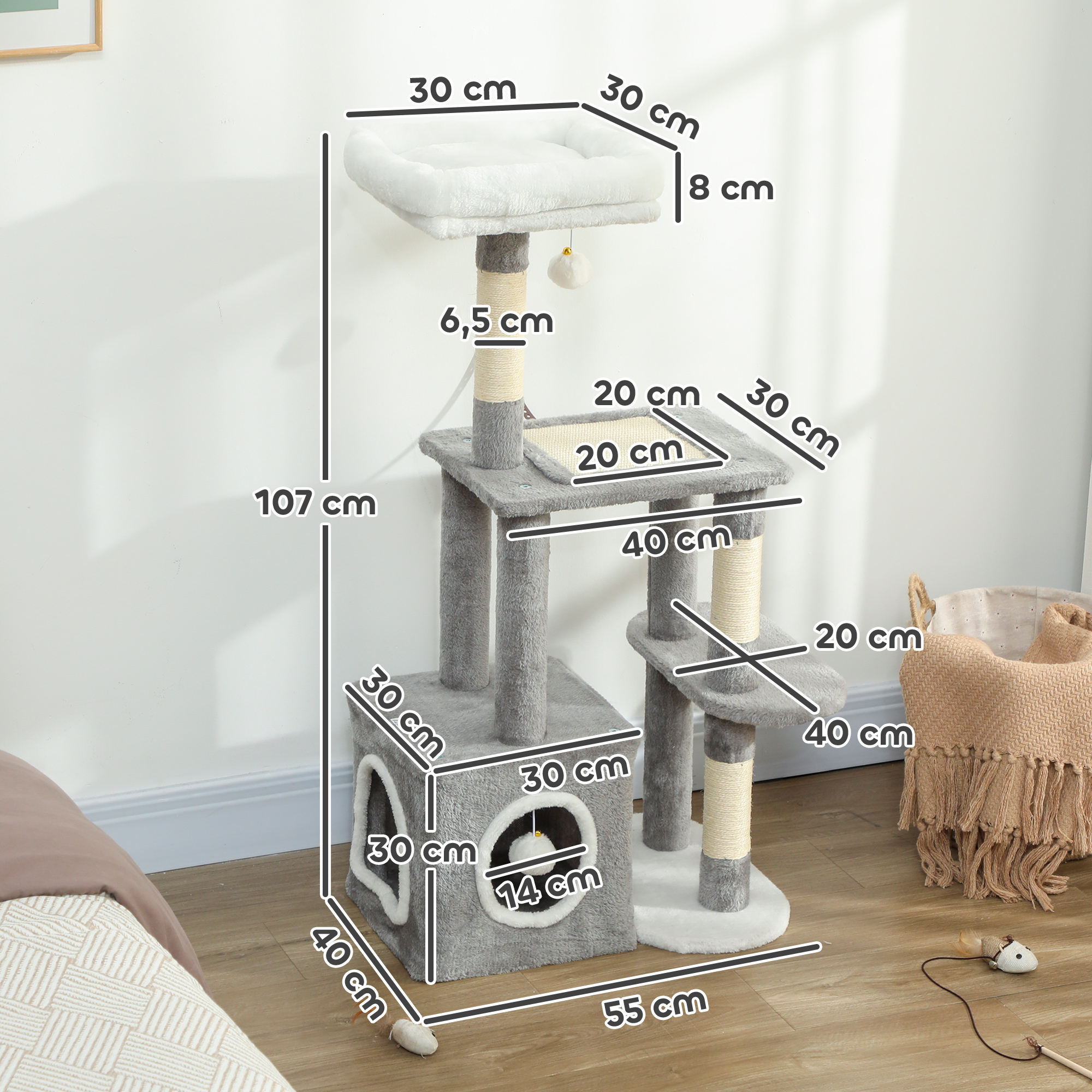 Kratzbaum 107 cm Katzenturm mit Höhle, 2 Plüschballen, Sisalstämme, große Plattform, 55x40x107 cm, Grau