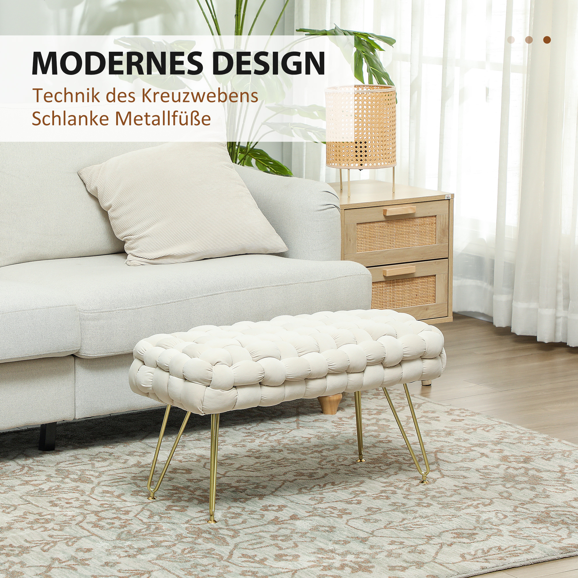 Moderner Sitzhocker mit Metallbeinen, gepolstertem Sitz, für Wohnzimmer, Schlafzimmer, Flur, Cremeweiß
