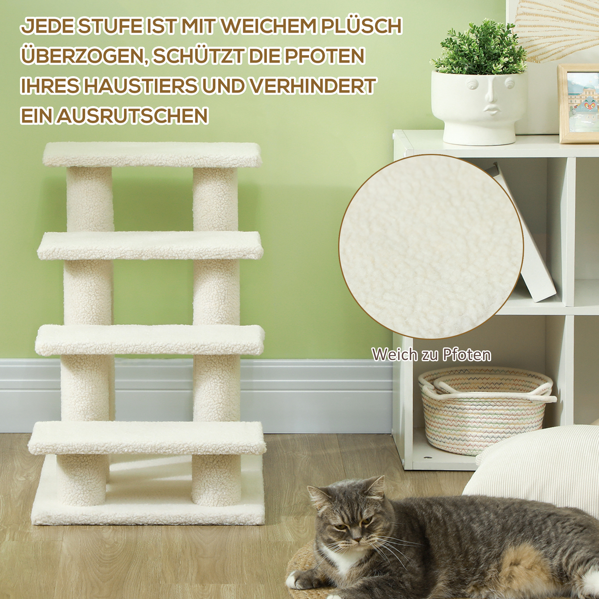 Katzentreppe 4 Stufen Tiertreppe Treppe für Katze Haustiertreppe Hundetreppe aus Plüsch 61 x 41 x 60 cm Cremeweiß