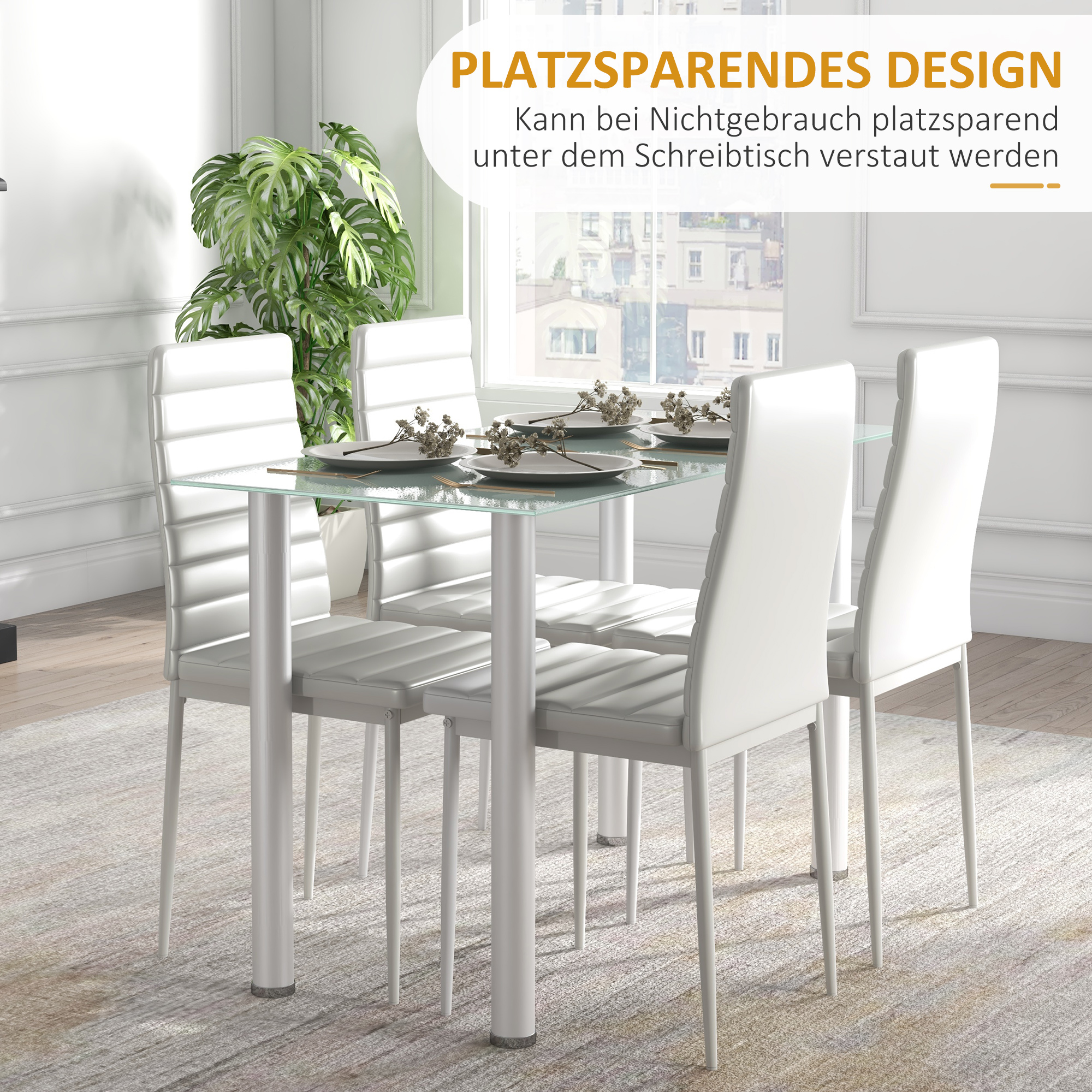 5-tlg. Essgruppe Sitzgruppe Esstisch mit 4 Stühlen, modernes Design, Glastisch, Weiß