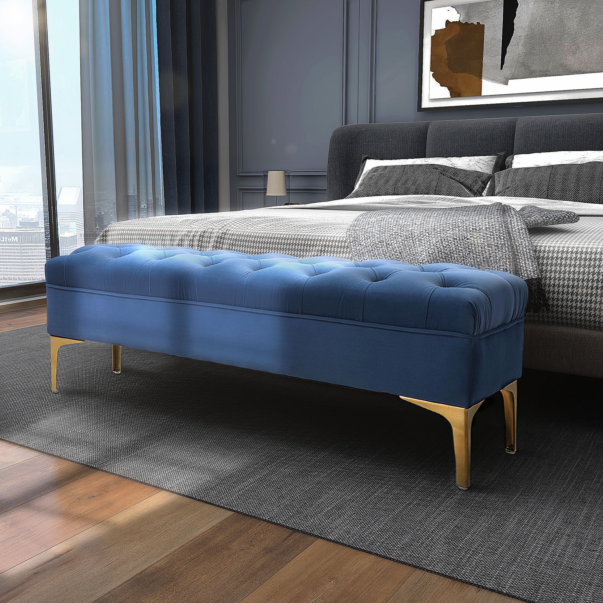 Sitzbank Bettbank Schuhbank mit erhöhten Beine Schlafzimmer Samt Blau