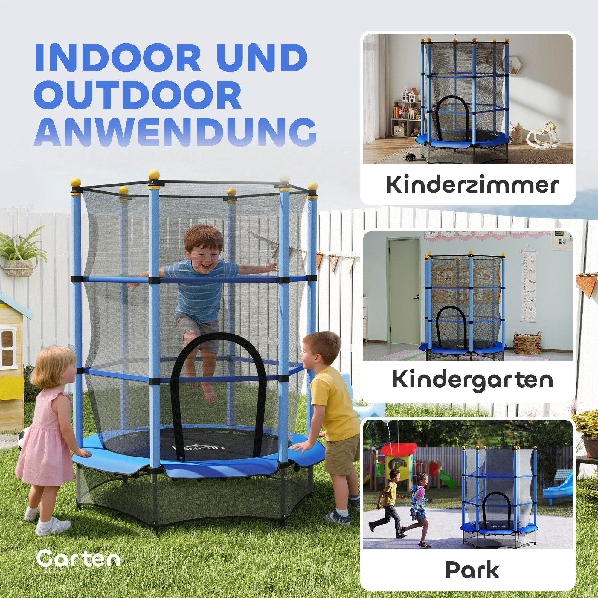 Trampolin für Kinder, Ø140 cm, mit Sicherheitsnetz, für innen und außen, Stahl, Kunststoff, belastbar bis 50 kg, Blau
