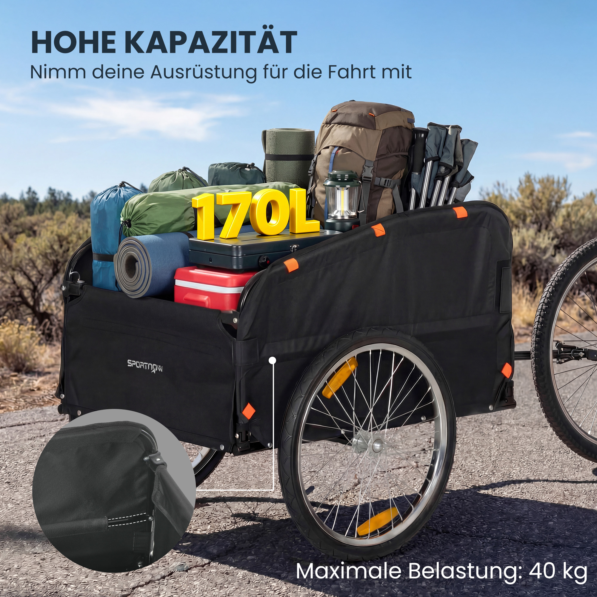 Fahrradanhänger 170 Liter Fahrrad Lastenanhänger mit Kupplung Abdeckplane 51 cm Schnellspannend Luftreifen bis 40 kg